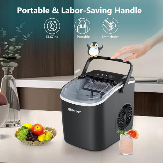 EUHOMY Ice Maker Countertop with Handle, 26lbs in 24Hrs, 9 Ice Cubes Ready in 6 Mins, Auto-Cleaning Portable Ice Maker with Basket and Scoop, for Home