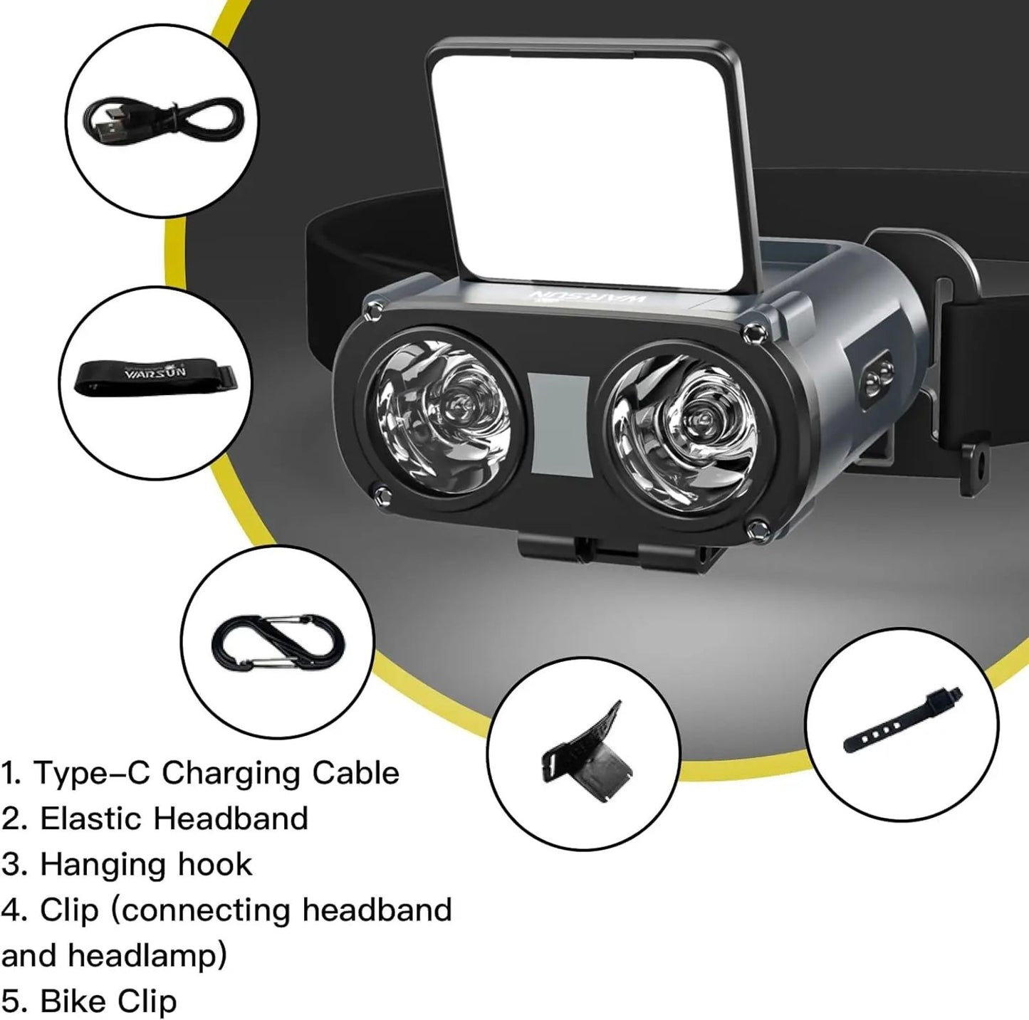WARSUN Headlamp Rechargeable, 90° COB LED Head Lamp with Motion Sensor, 5 Modes & IPX5 Water-Resistant LED Head Light for Night Running, Fishing, Cycling, Camping image 4