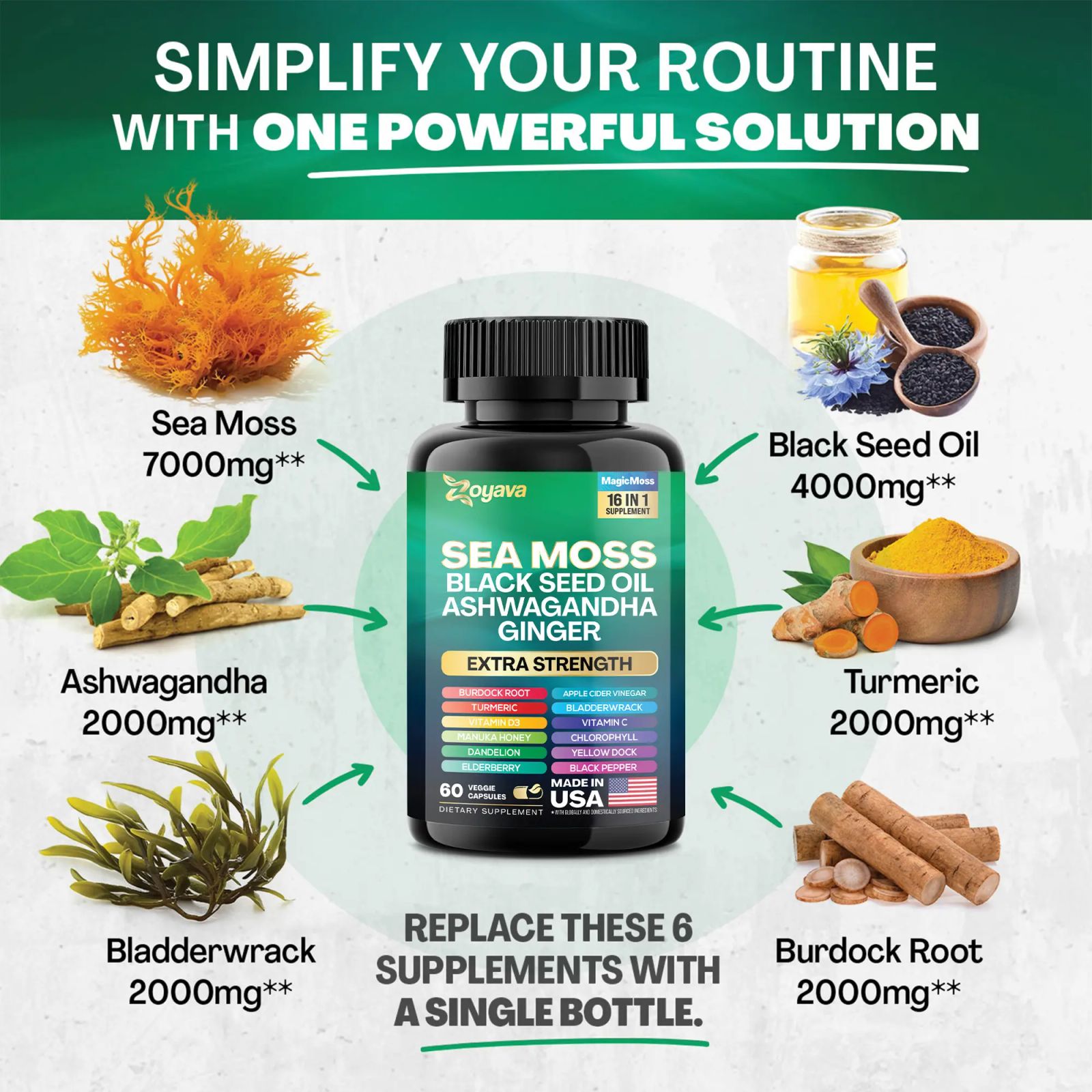 Zoyava Sea Moss Supplement - All-in-One Multivitamin with Black Seed Oil, Ashwagandha & 15+ Extra Strength Ingredients - 60 Capsules - MADE IN USA image 3