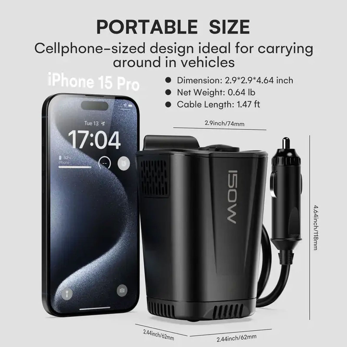 YWZ 150W Car Power Inverter, 12V DC to 110V AC Car Plug Adapter with 2 AC Outlets, 18W USB-A, Dual 30W Fast-Charge PD Car Charger, Cup Holder Power Inverter - Perfect for Laptops, Phones ,iPhone 16 15 14& More On the Go image 5