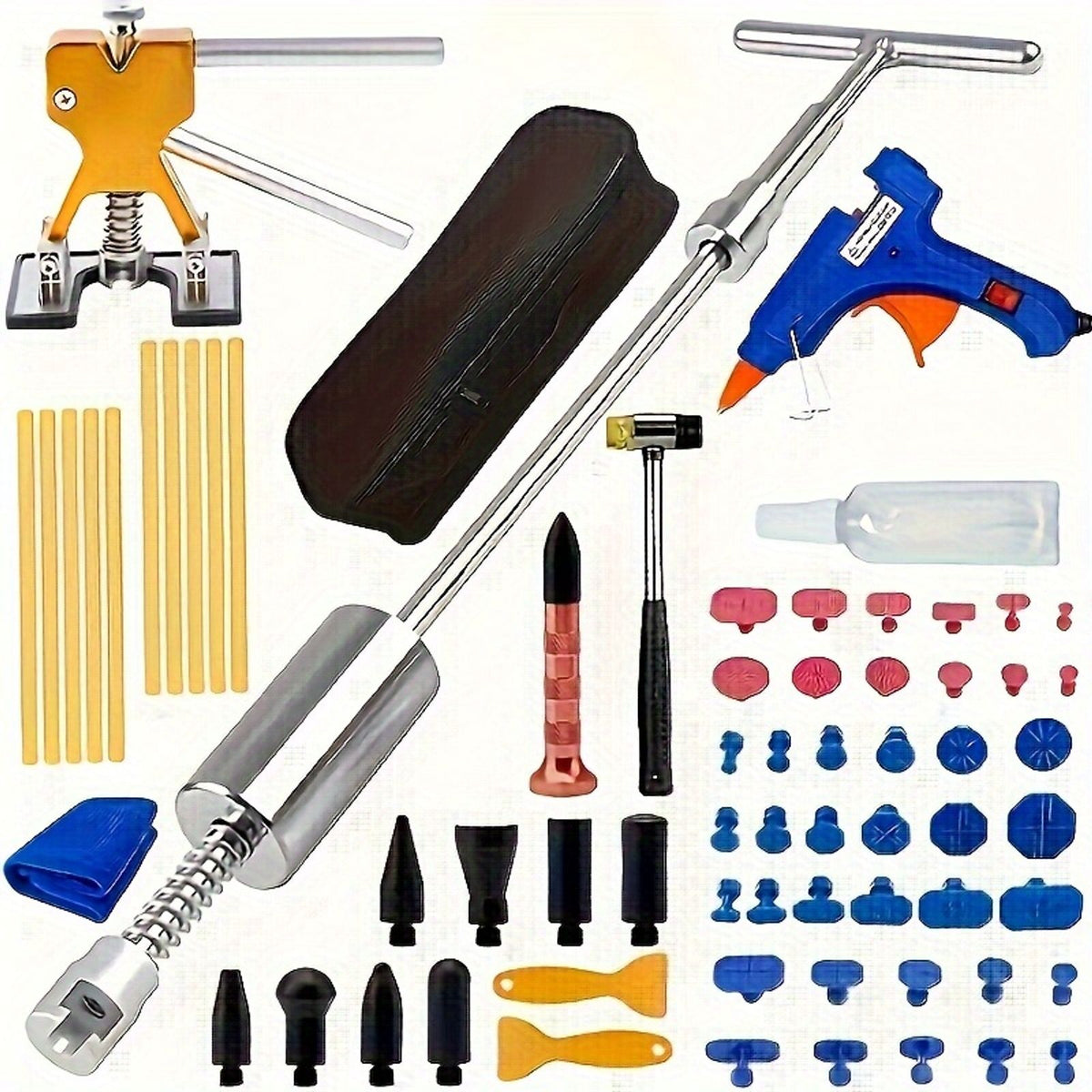 68件套拔牙钳工具套装：免烤漆修复工具组，含t型拉拔器 金鹤钳 桥式拉拔器，用于汽车凹痕修复，可移除热熔胶条 | tem