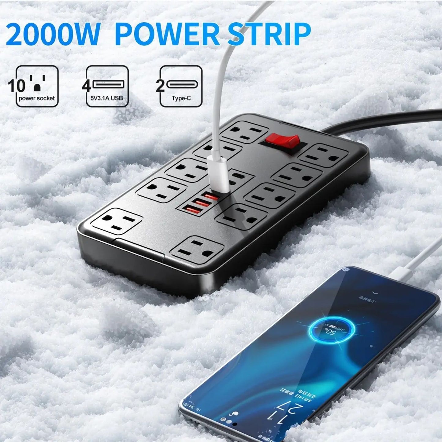 16 In 1 Power Board Surge Protector With 10 Sockets (4 USB Ports, 2 USB-C), 6-FT Extension Cable 2500W image 2
