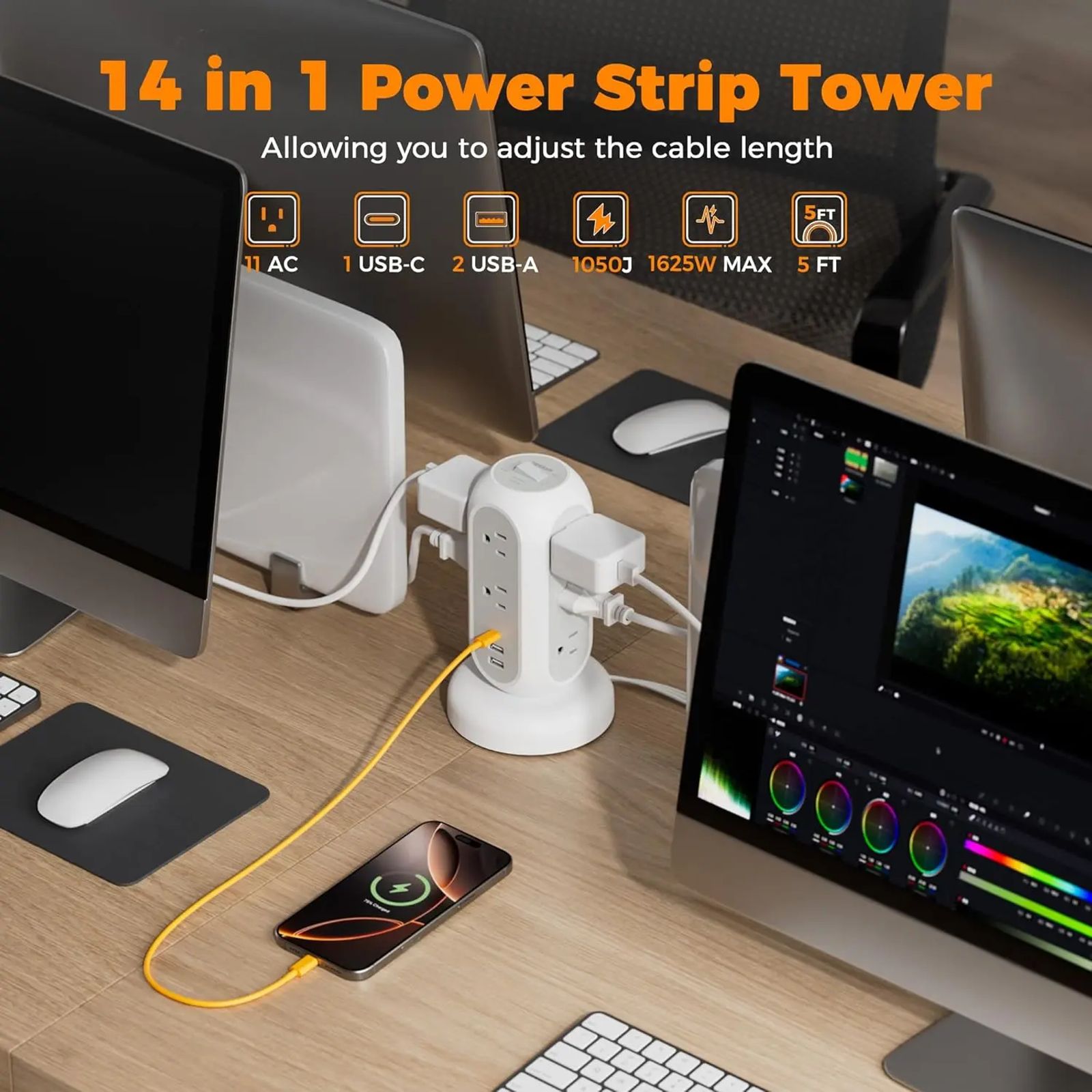 SummerGarden Tessan retractable extension cord power strip,1625W Surge Protector , Cord Management,Home, Office ,Dorm,Kitchen Essentials,11 Outlets & 3 USB Ports image 6