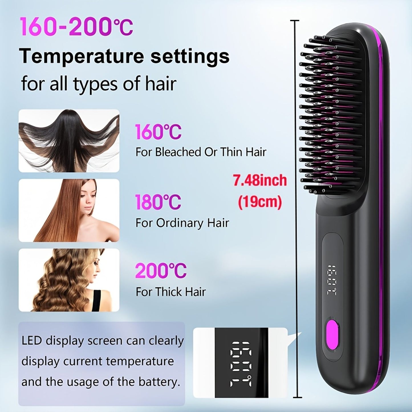 cordless hair straightener brush rapid heating hot comb hair image 5