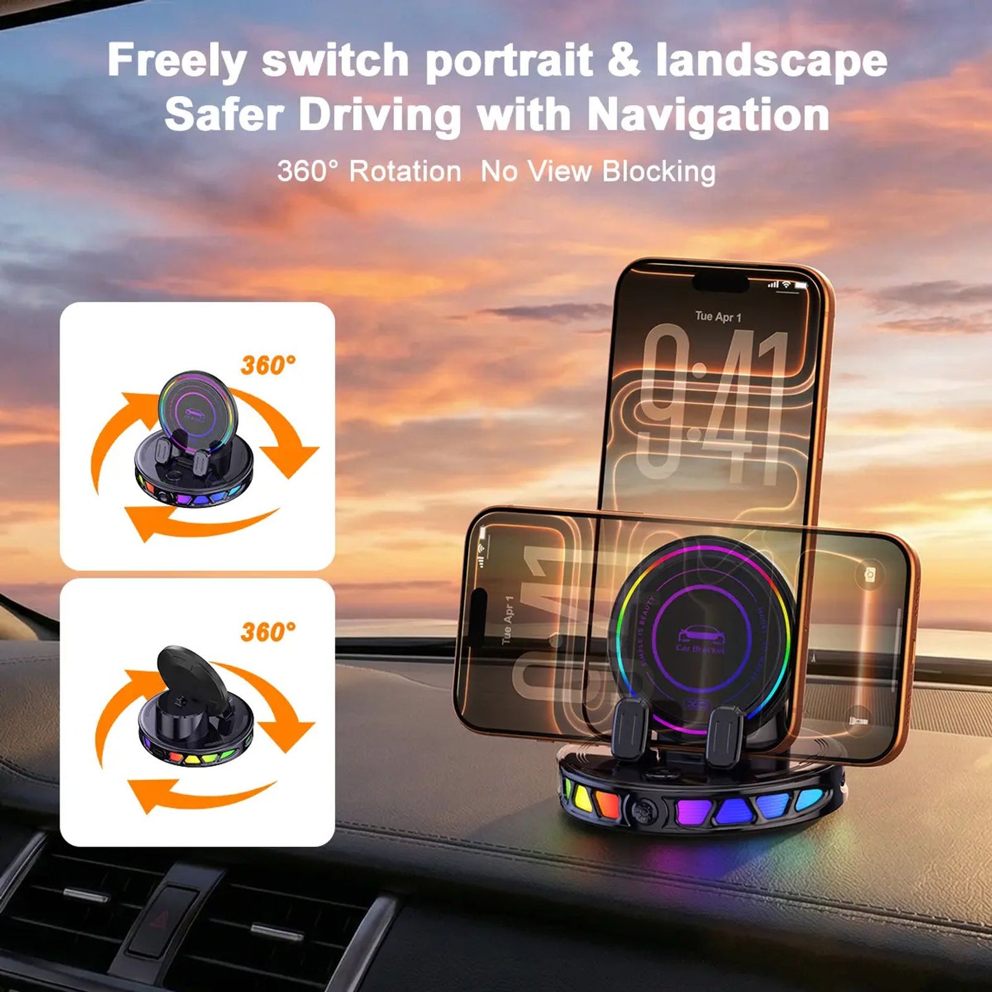 【DealsForYouDays】360° Rotating Wireless Charging Car Phone Mount with RGB Ambient Light – Ultra-Stable Vacuum Suction & Auto-Lock Gravity Holder for Dashboard & Windshield, Fits iPhone & Android image 3