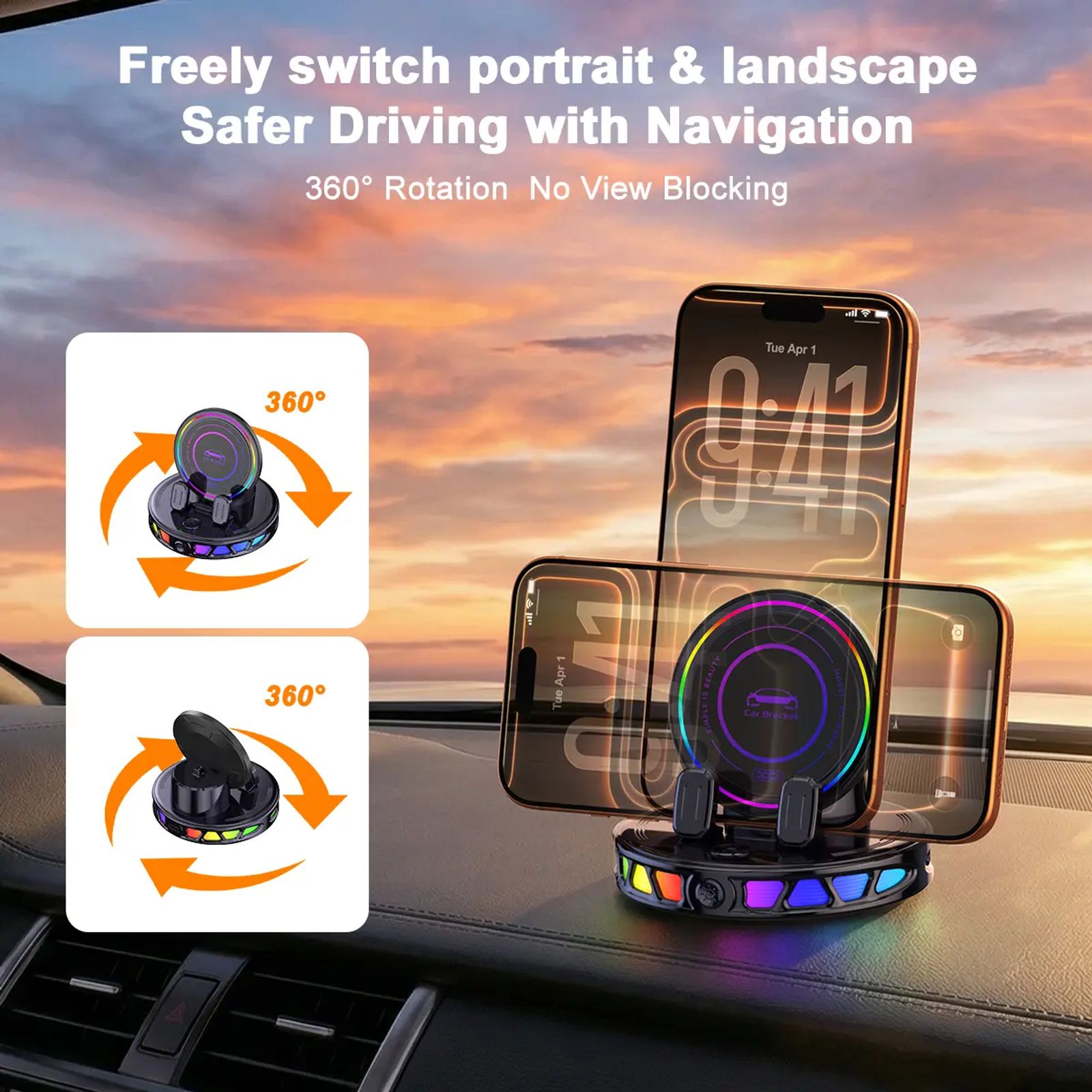 【DealsForYouDays】360° Rotating Wireless Charging Car Phone Mount with RGB Ambient Light – Ultra-Stable Vacuum Suction & Auto-Lock Gravity Holder for Dashboard & Windshield, Fits iPhone & Android image 3