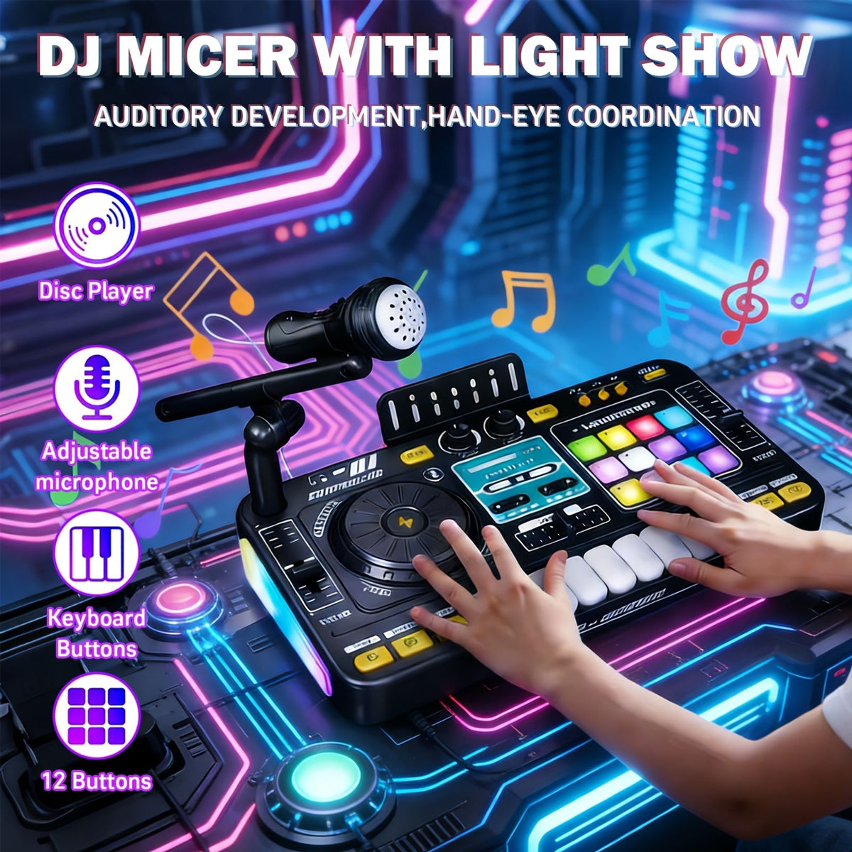 儿童多功能dj混音控制器套装玩具，带led灯 音效 麦克风 钢琴dj板键乐器，适合儿童的互动音乐玩具/100 多种音效 image 5