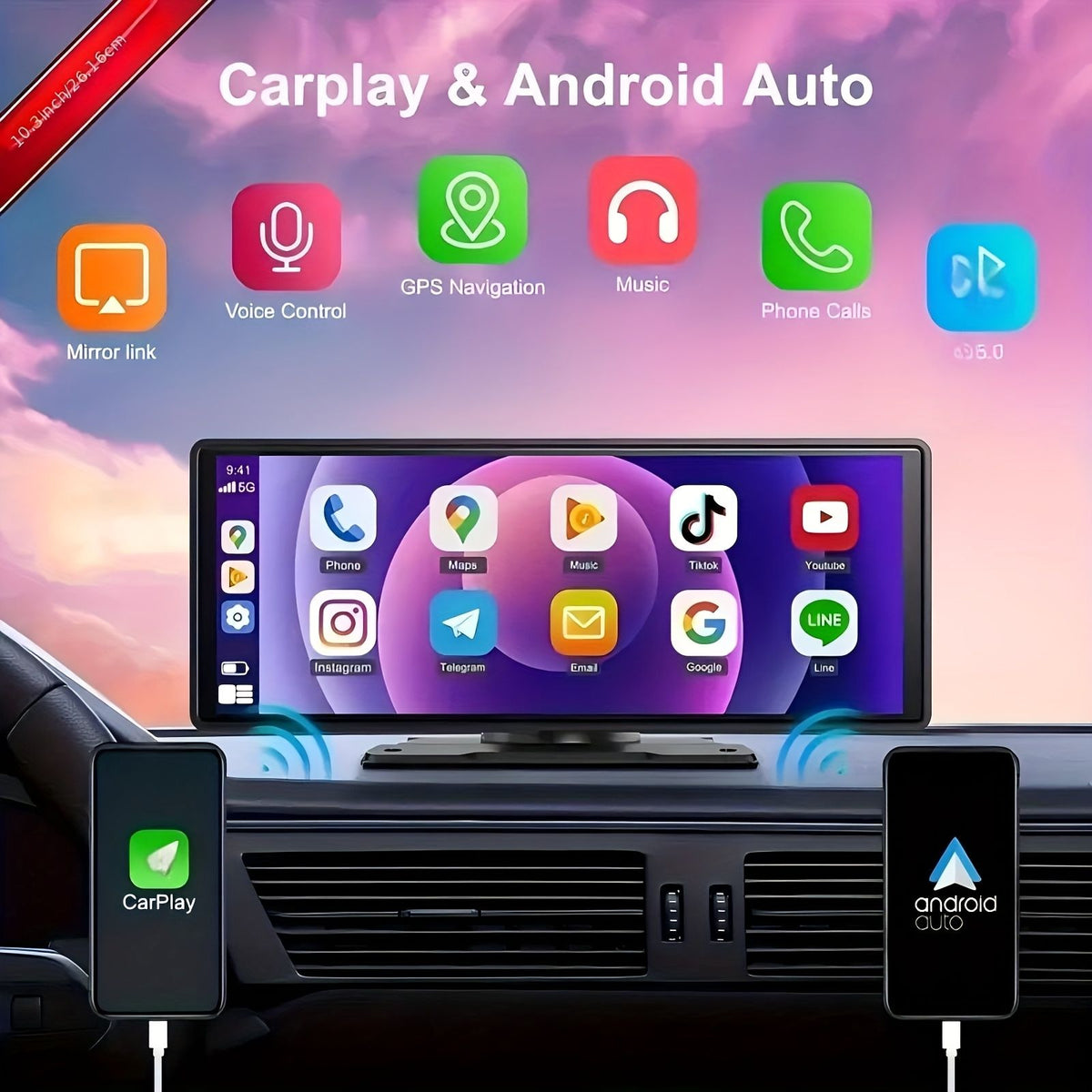 10.2英寸超大车载屏幕，超清显示器，支持bt无线连接手机carplay/ auto控制，倒车显示辅助，听 image 7