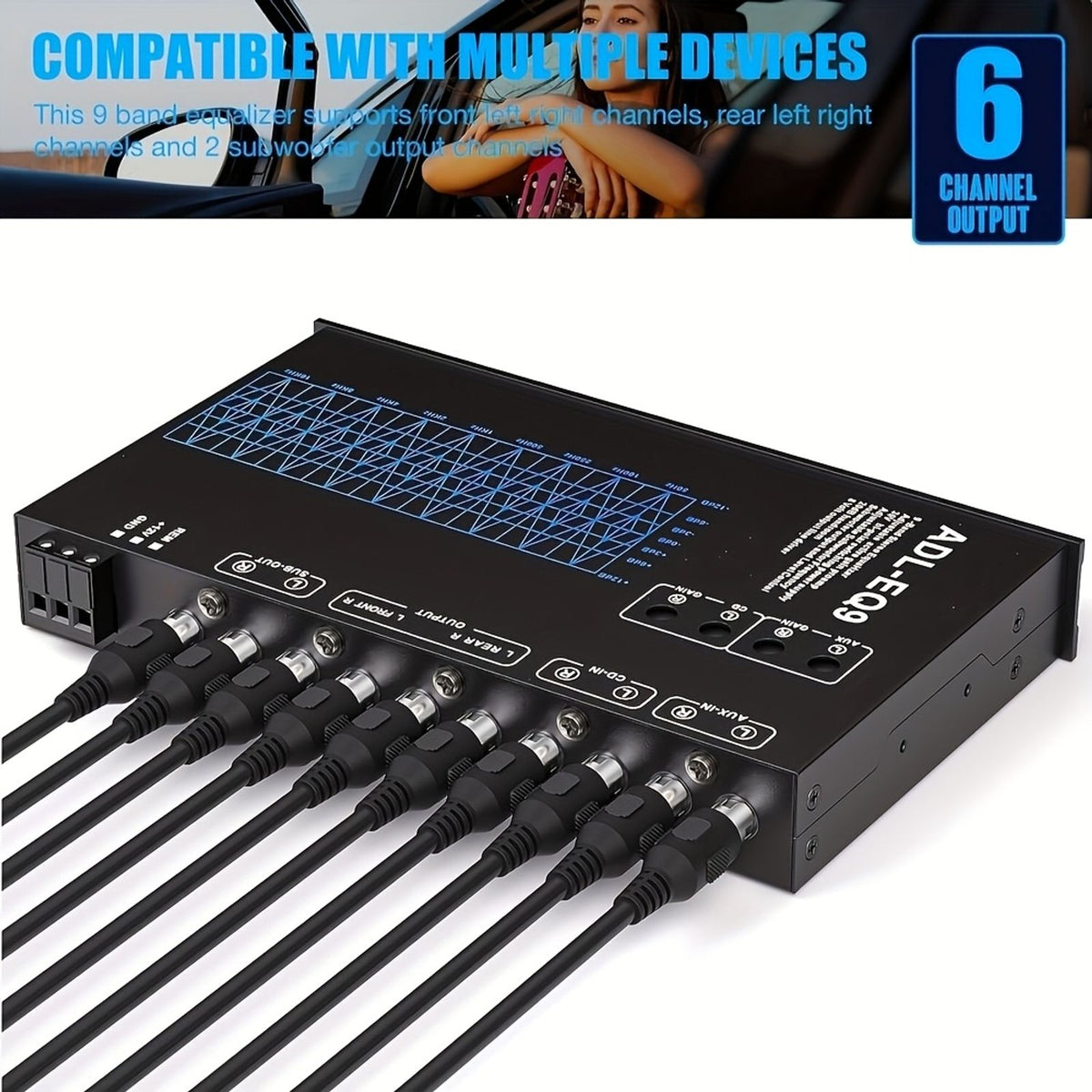 9段汽车音响均衡器，可调式汽车立体声处理器，cd/aux输入选择开关，低音炮输出，车载音响配件用于车辆音响升级，汽车爱好 image 5