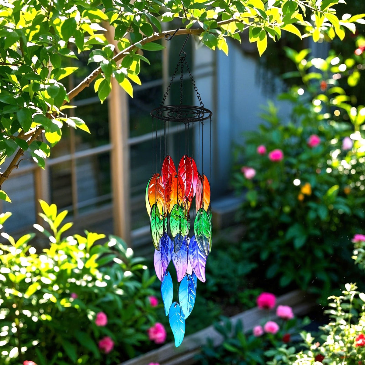27英寸手工彩绘玻璃叶子风铃 彩虹森林设计，鲜艳色彩，耐用户外挂饰适用于花园 露台 门廊 无需电力，节日及季节装饰（万圣 image 5