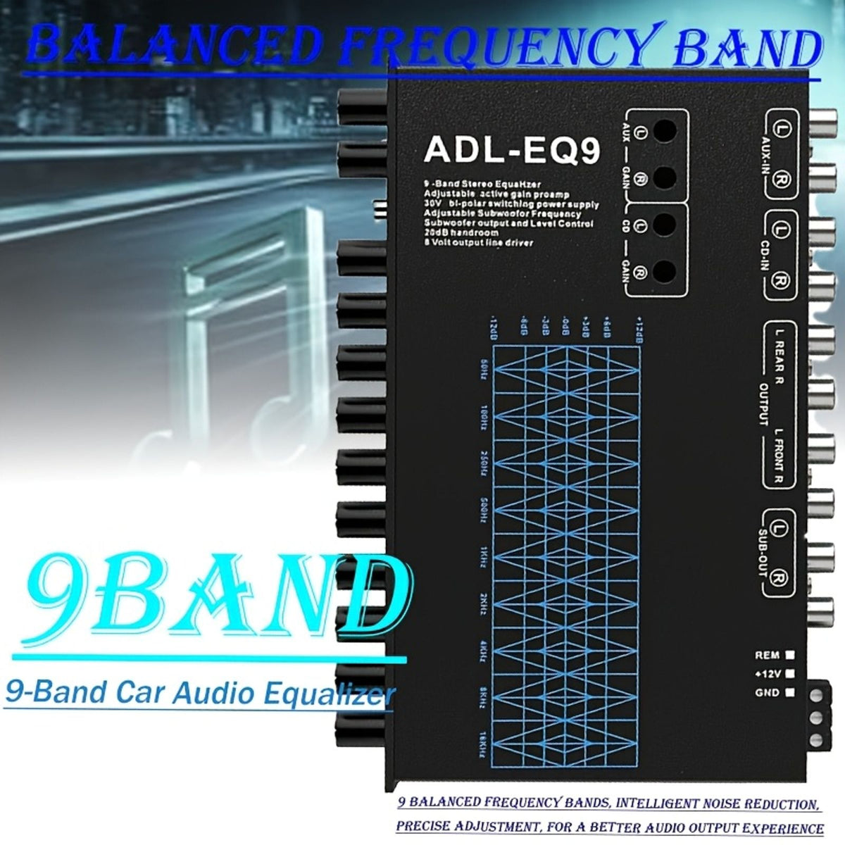9段汽车音响均衡器，可调式汽车立体声处理器，cd/aux输入选择开关，低音炮输出，车载音响配件用于车辆音响升级，汽车爱好 image 7