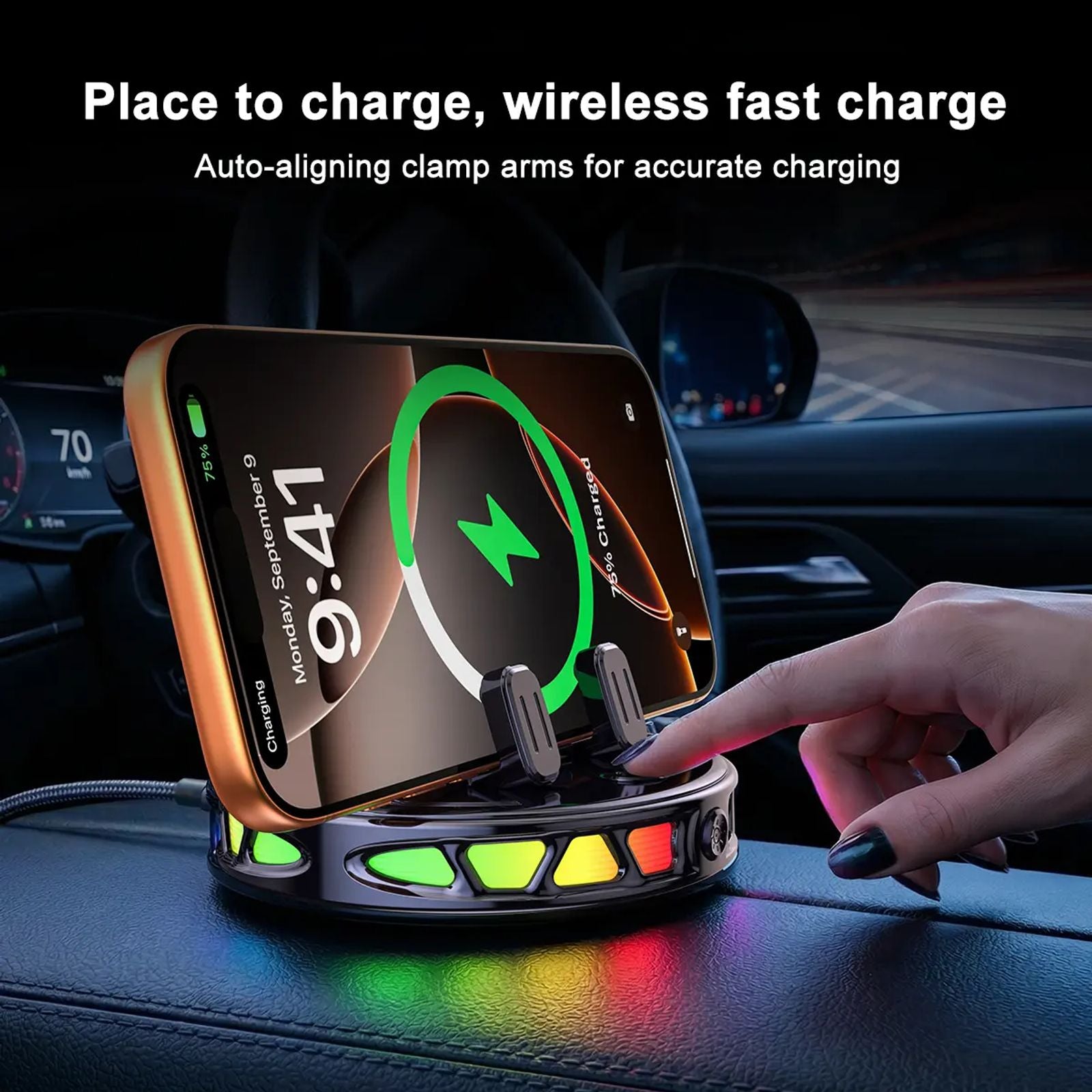 【DealsForYouDays】360° Rotating Wireless Charging Car Phone Mount with RGB Ambient Light – Ultra-Stable Vacuum Suction & Auto-Lock Gravity Holder for Dashboard & Windshield, Fits iPhone & Android image 7