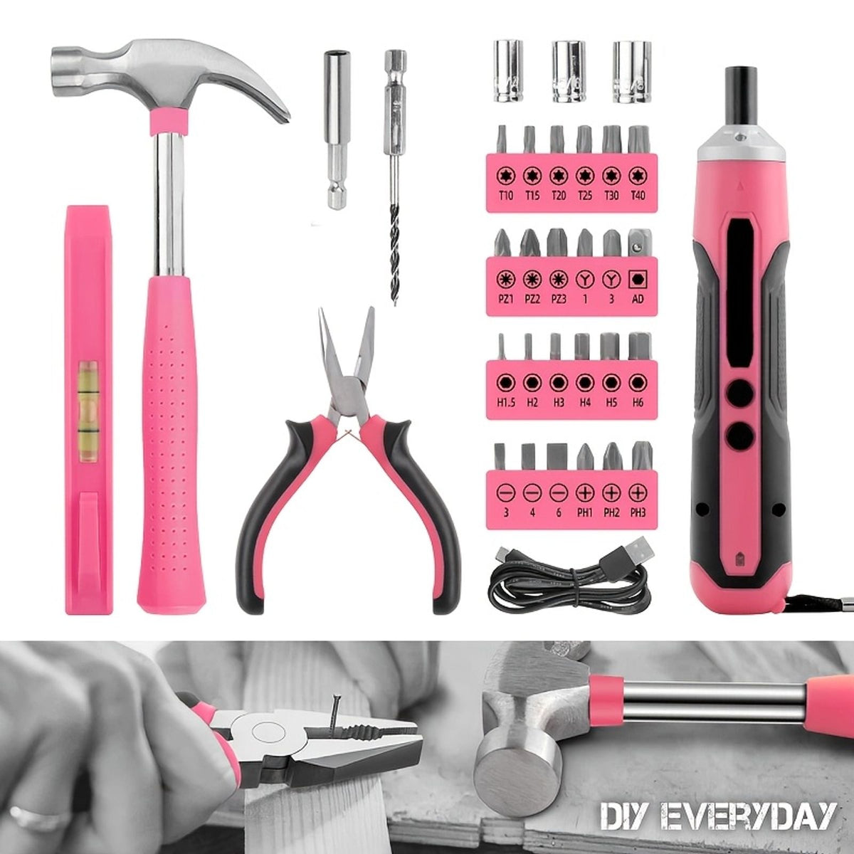 34pcs pink cordless drill screwdriver women household diy image 3