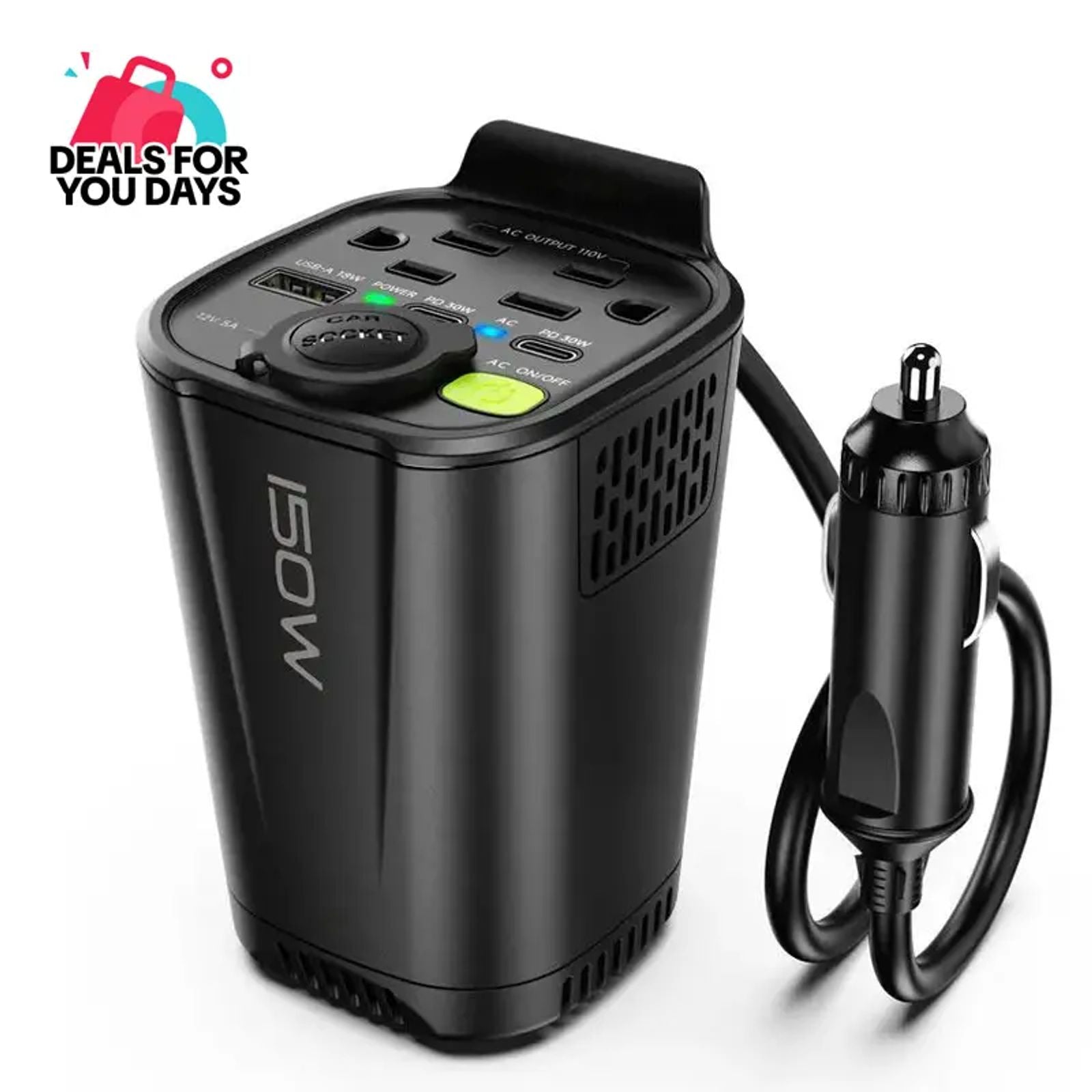 YWZ 150W Car Power Inverter, 12V DC to 110V AC Car Plug Adapter with 2 AC Outlets, 18W USB-A, Dual 30W Fast-Charge PD Car Charger, Cup Holder Power Inverter - Perfect for Laptops, Phones ,iPhone 16 15 14& More On the Go
