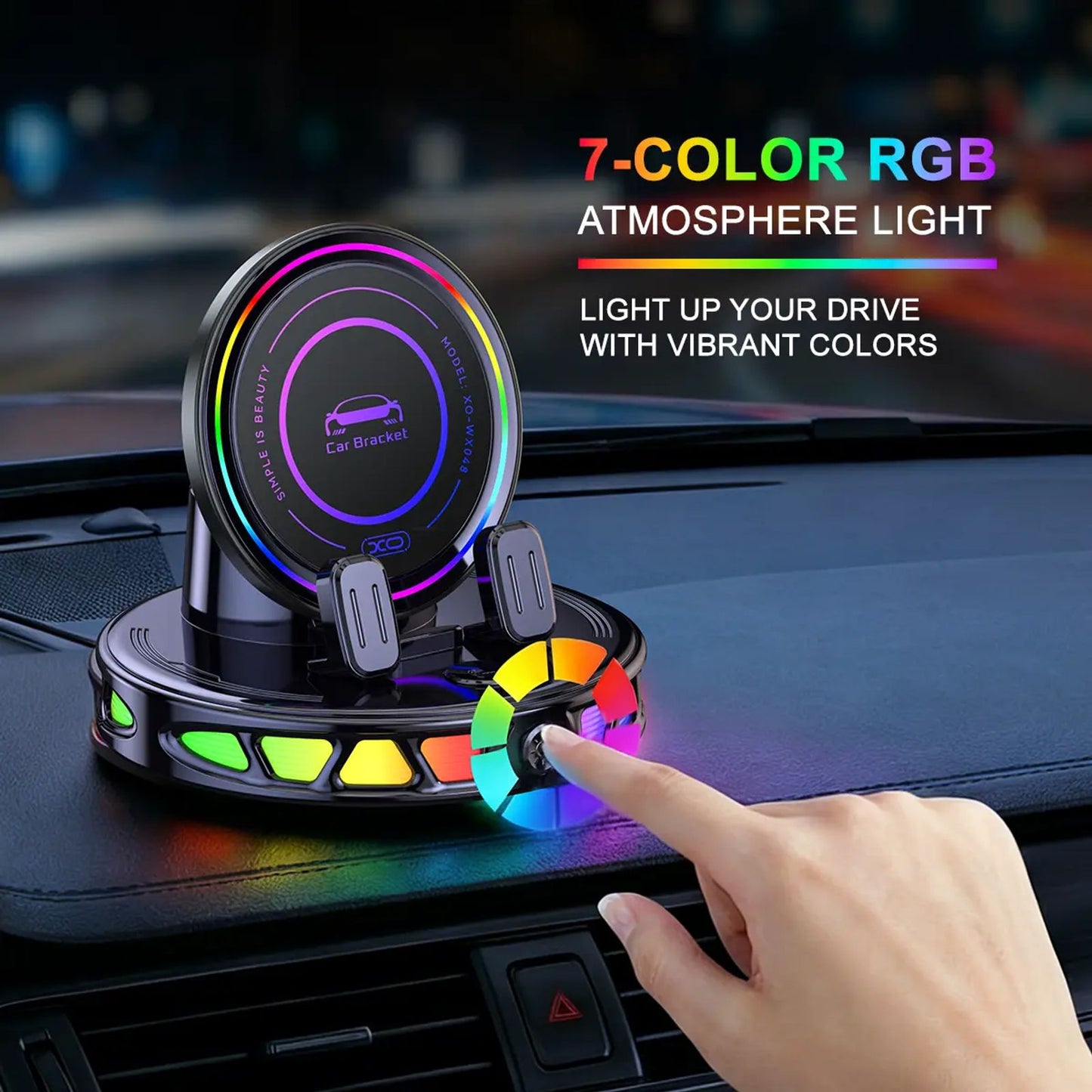 【DealsForYouDays】360° Rotating Wireless Charging Car Phone Mount with RGB Ambient Light – Ultra-Stable Vacuum Suction & Auto-Lock Gravity Holder for Dashboard & Windshield, Fits iPhone & Android image 2