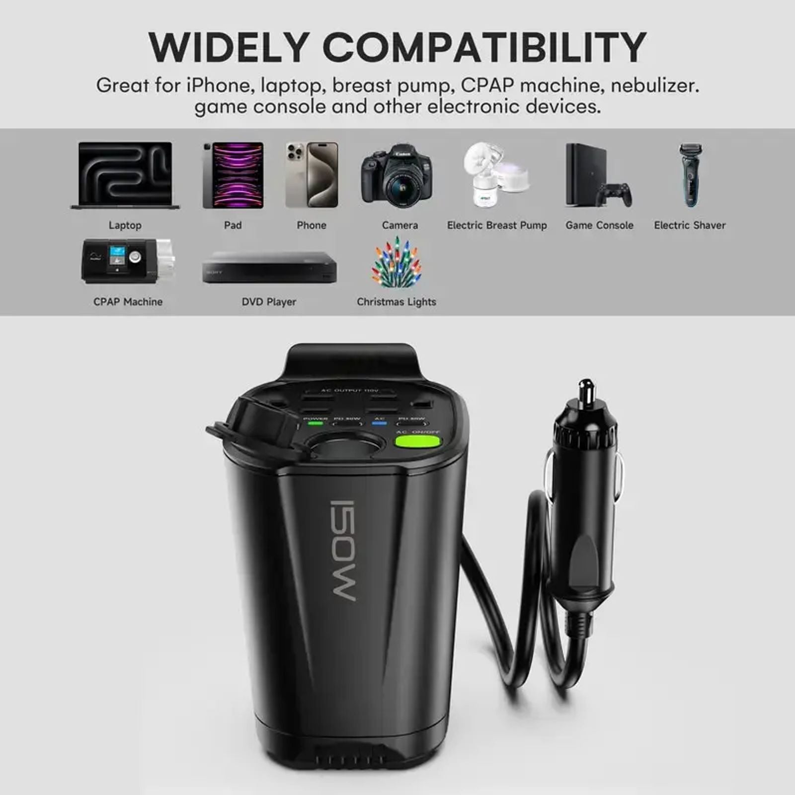 YWZ 150W Car Power Inverter, 12V DC to 110V AC Car Plug Adapter with 2 AC Outlets, 18W USB-A, Dual 30W Fast-Charge PD Car Charger, Cup Holder Power Inverter - Perfect for Laptops, Phones ,iPhone 16 15 14& More On the Go image 6