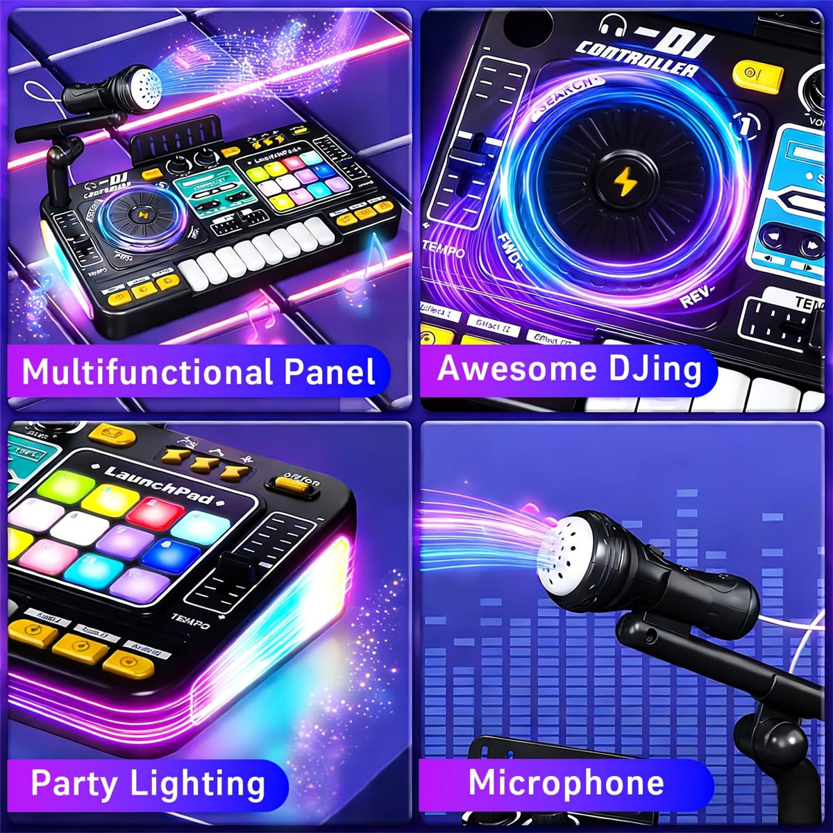儿童多功能dj混音控制器套装玩具，带led灯 音效 麦克风 钢琴dj板键乐器，适合儿童的互动音乐玩具/100 多种音效 image 8