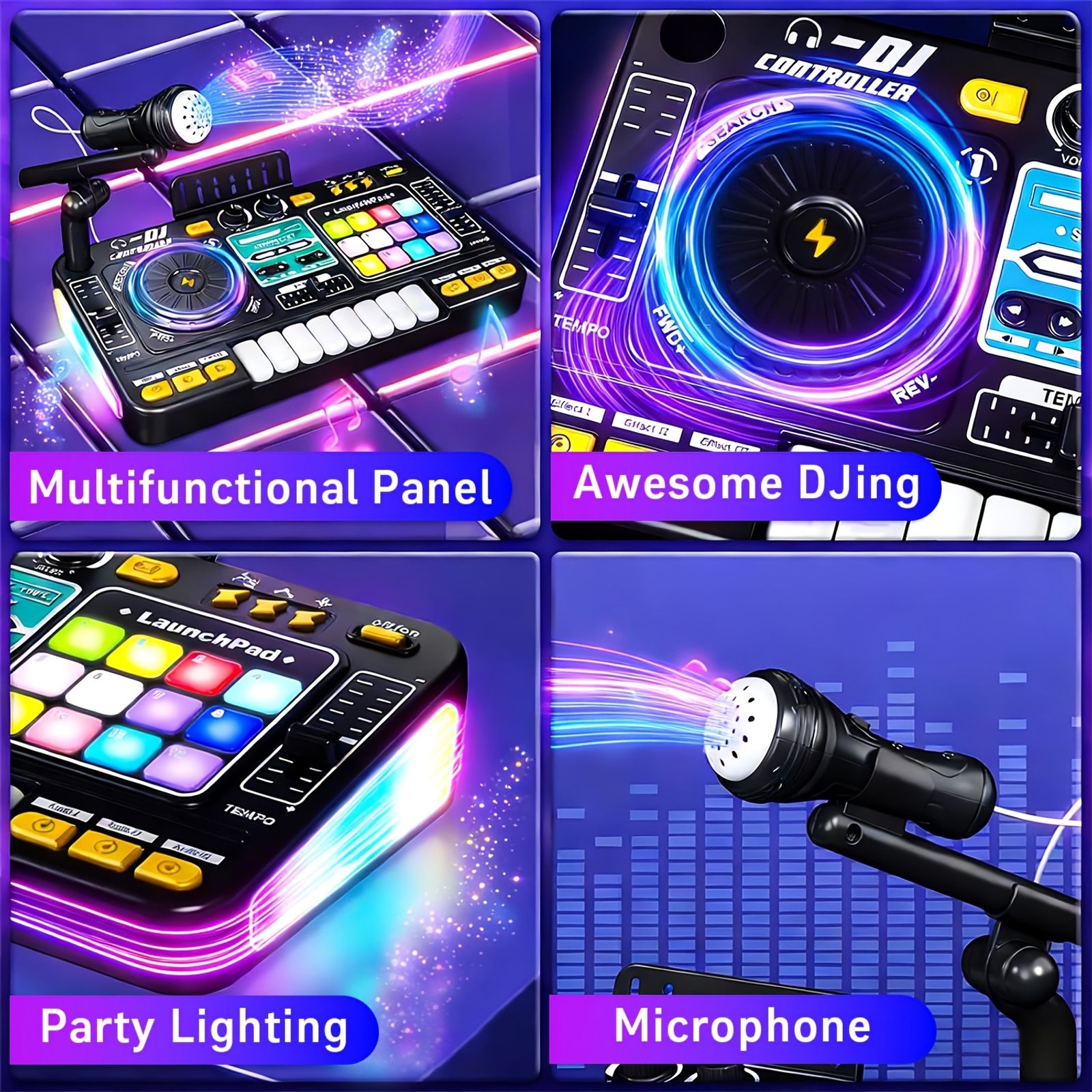 儿童多功能dj混音控制器套装玩具，带led灯 音效 麦克风 钢琴dj板键乐器，适合儿童的互动音乐玩具/100 多种音效 image 8