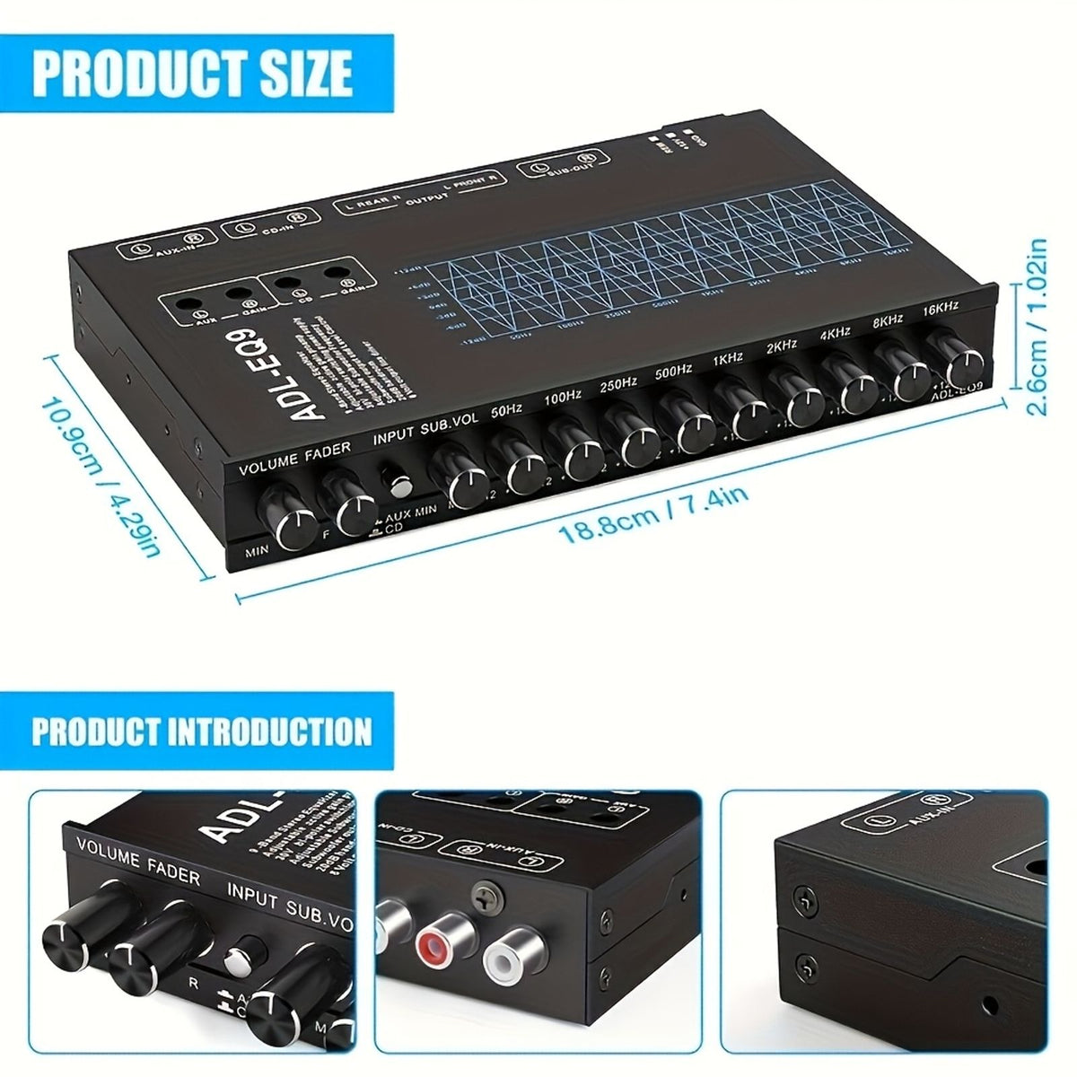 9段汽车音响均衡器，可调式汽车立体声处理器，cd/aux输入选择开关，低音炮输出，车载音响配件用于车辆音响升级，汽车爱好 image 2