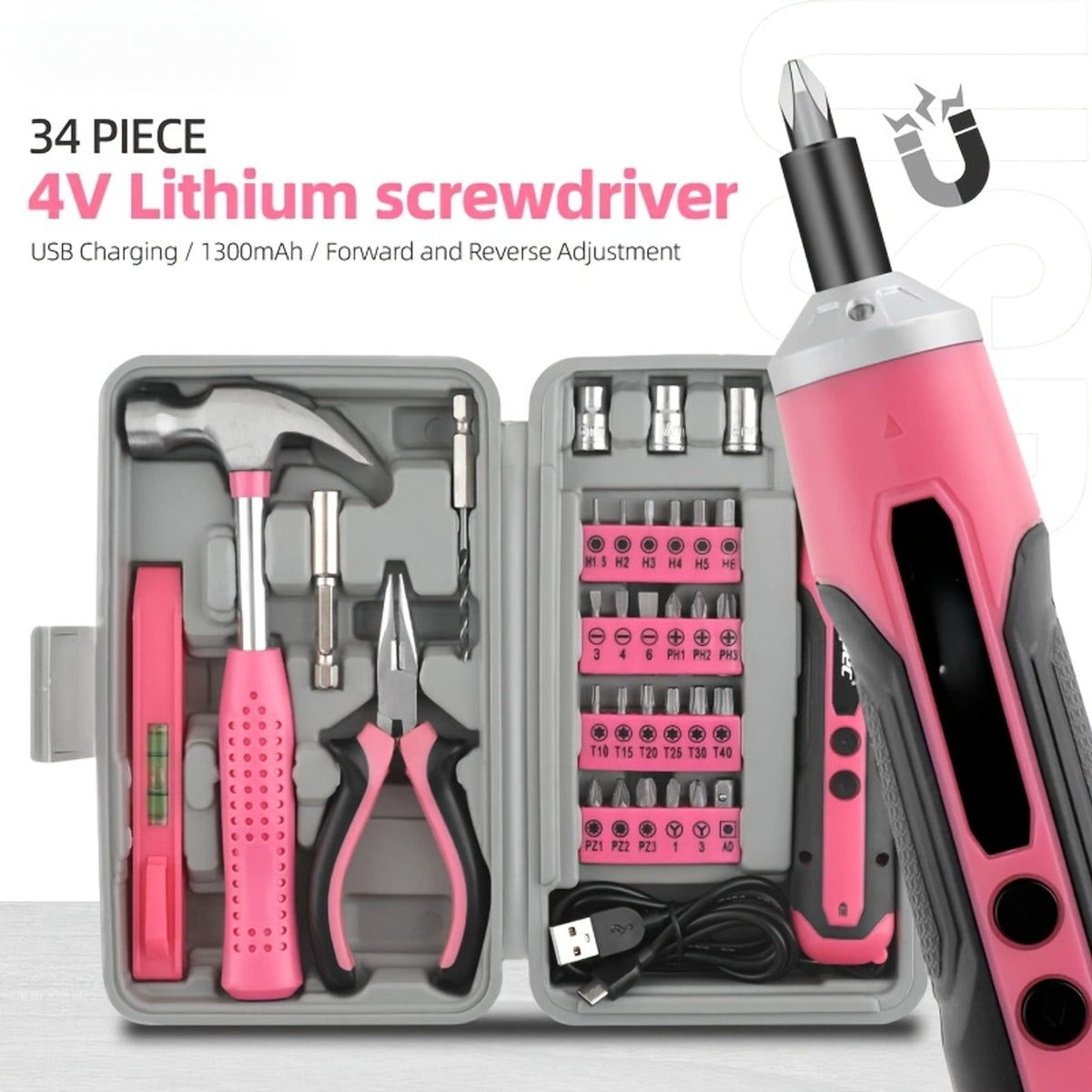34pcs pink cordless drill screwdriver women household diy image 5