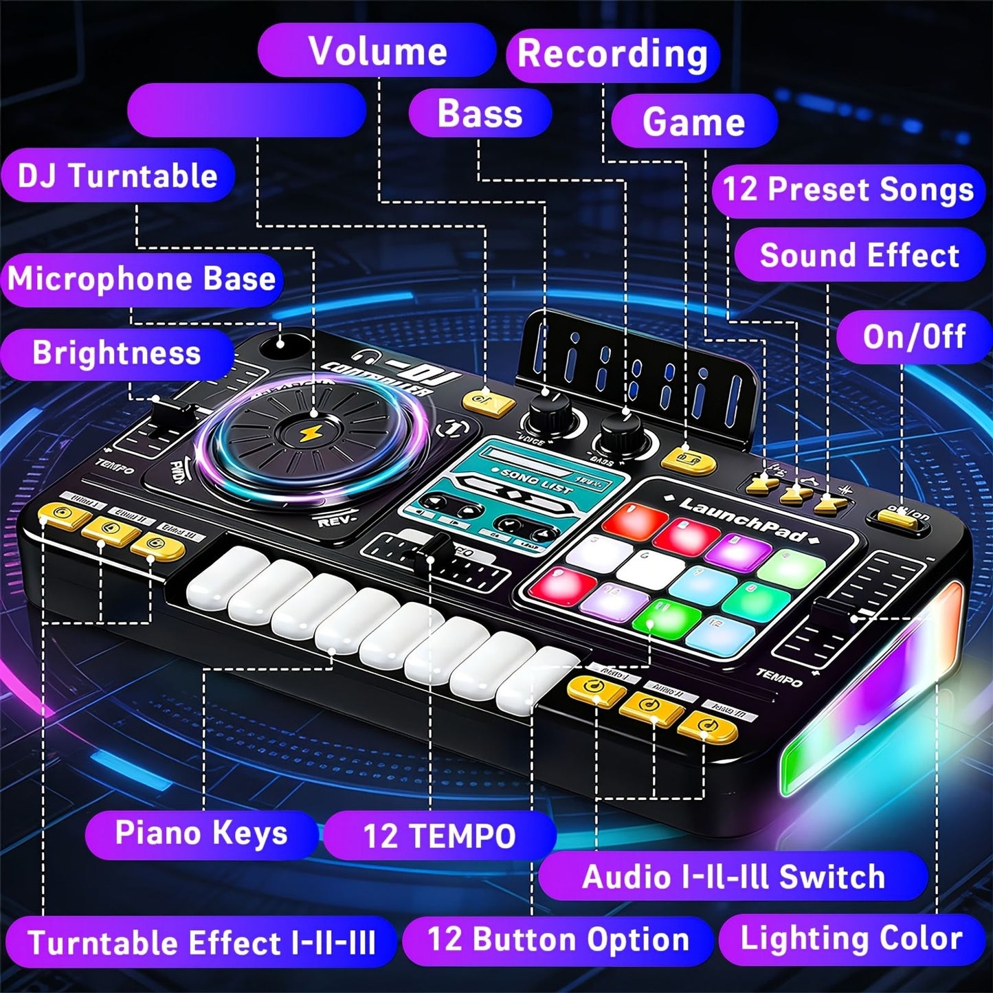 儿童多功能dj混音控制器套装玩具，带led灯 音效 麦克风 钢琴dj板键乐器，适合儿童的互动音乐玩具/100 多种音效 image 10