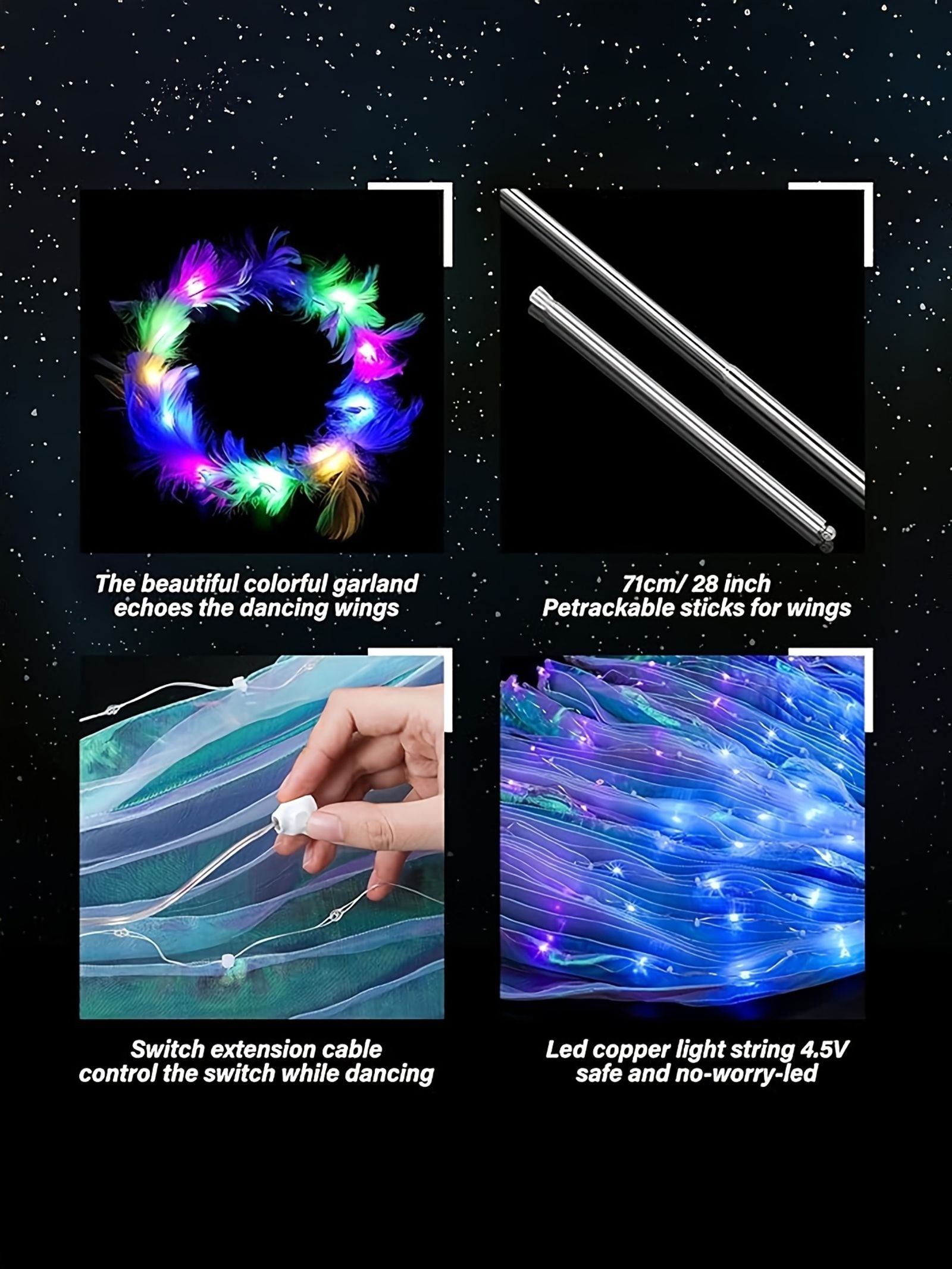 加大码led发光服饰套装——柔韧高亮360°发光翅膀与斗篷，可弯曲灯带适用于圣诞 锐舞 舞蹈及舞台表演 | 加大码及均码 image 7