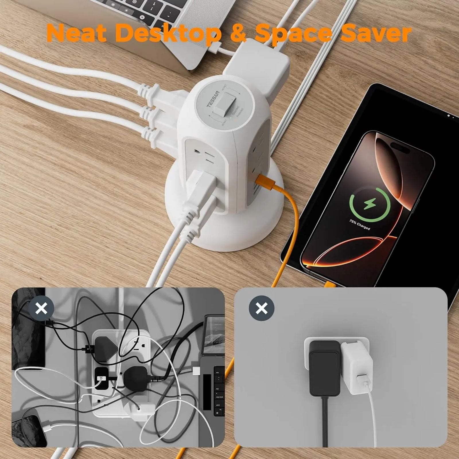 SummerGarden Tessan retractable extension cord power strip,1625W Surge Protector , Cord Management,Home, Office ,Dorm,Kitchen Essentials,11 Outlets & 3 USB Ports image 5