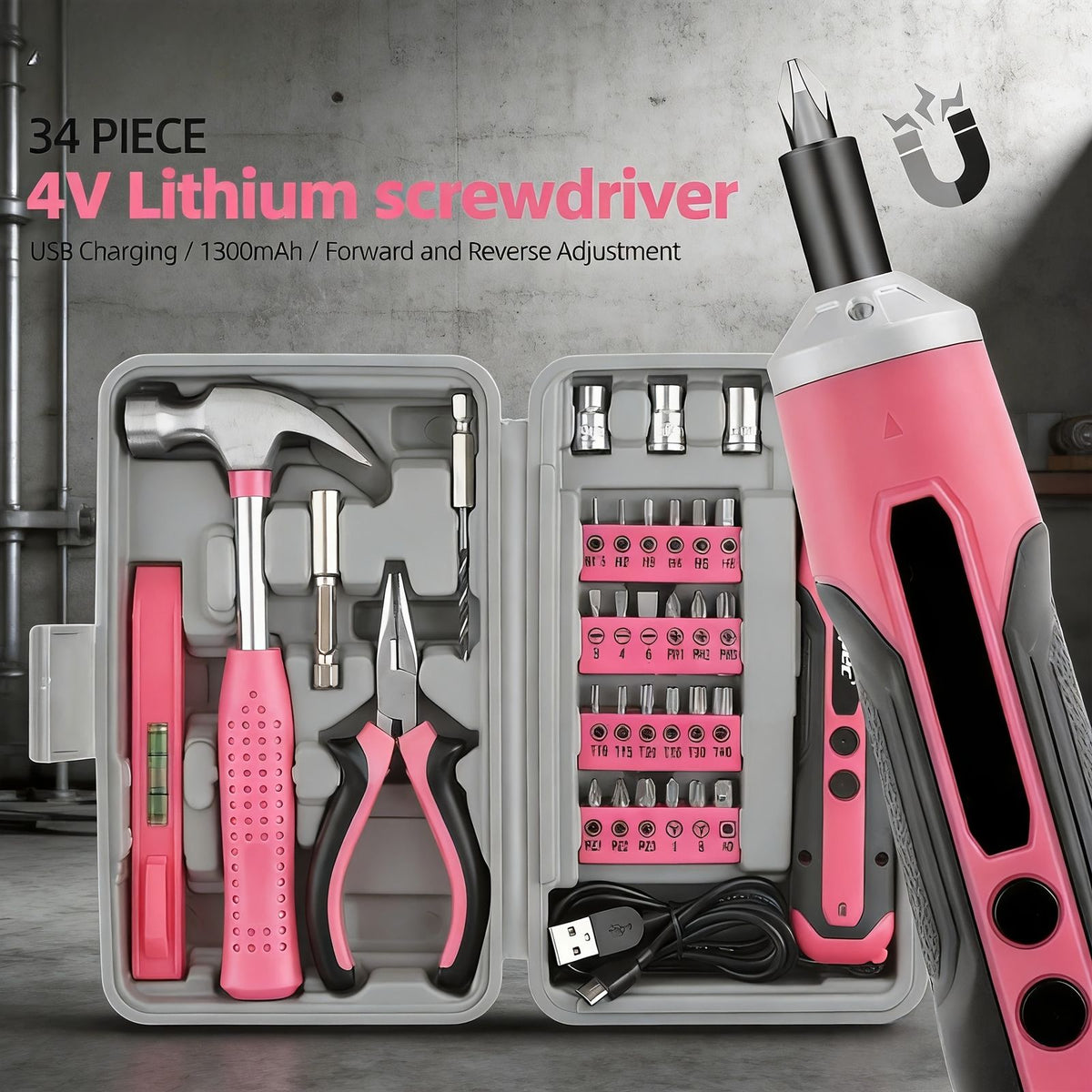 34pcs pink cordless drill screwdriver women household diy