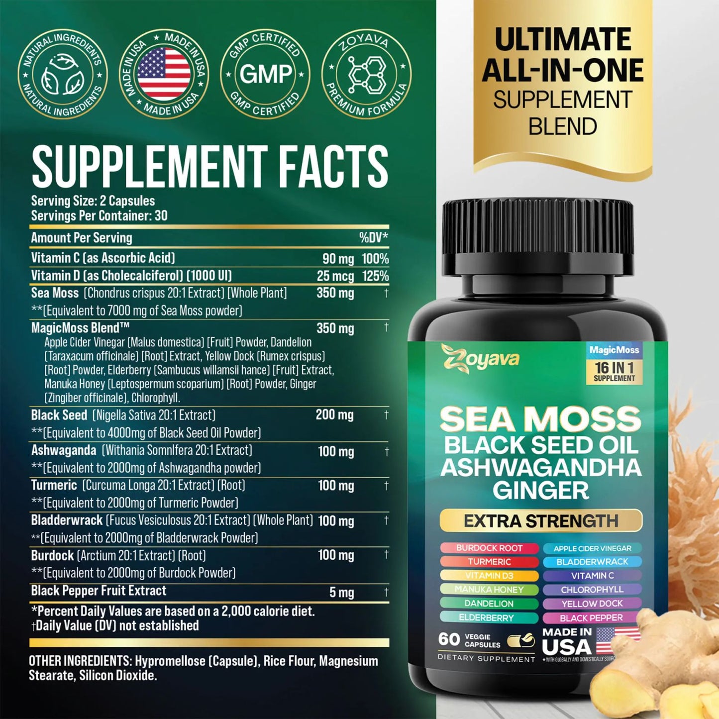 Zoyava Sea Moss Supplement - All-in-One Multivitamin with Black Seed Oil, Ashwagandha & 15+ Extra Strength Ingredients - 60 Capsules - MADE IN USA image 2