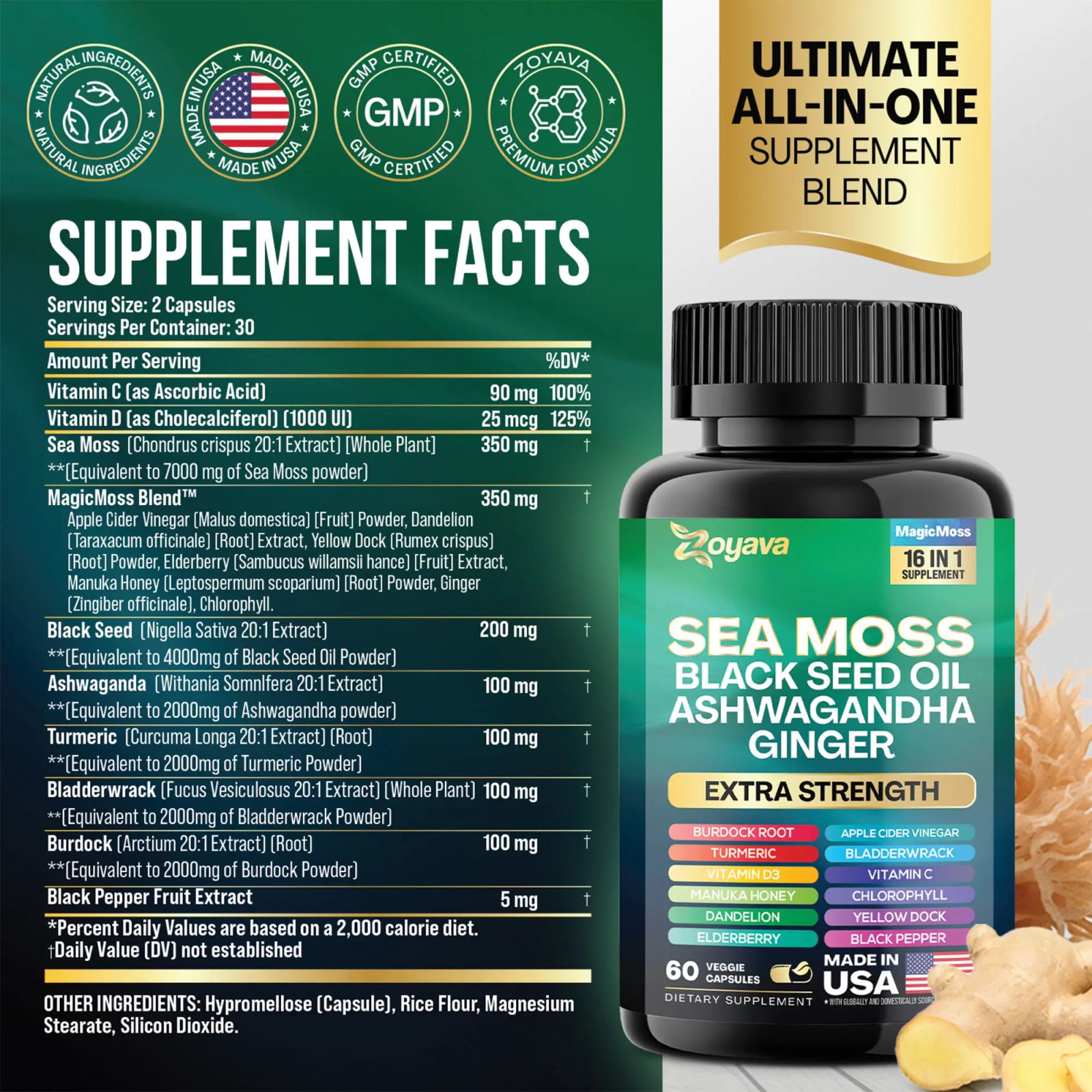 Zoyava Sea Moss Supplement - All-in-One Multivitamin with Black Seed Oil, Ashwagandha & 15+ Extra Strength Ingredients - 60 Capsules - MADE IN USA image 2