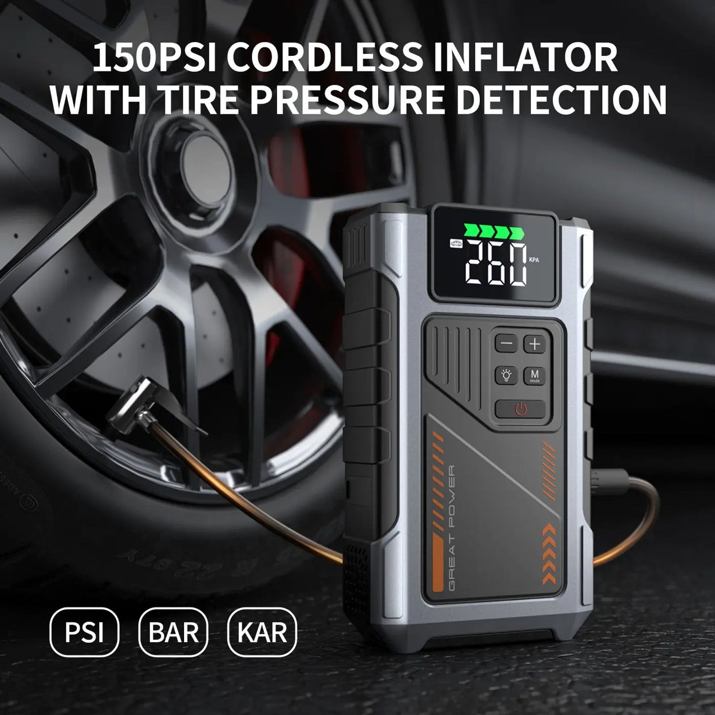Geeneu Portable Car Jump Starter W100 12000mAh with Air Compressor (8.0L Gas & 6.5L Diesel) 150 PSI Tire Inflator, LED Light, 12V Car Battery Jump Power Autos Automotive Vehicle Carjack Tool Kit image 3
