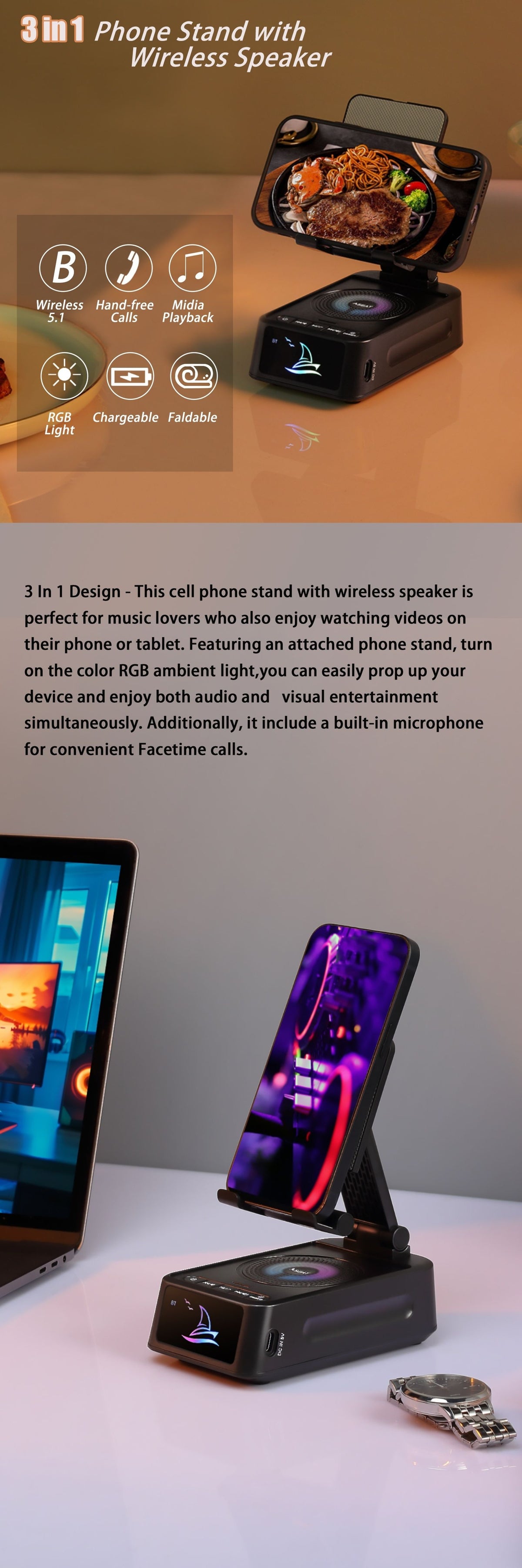 3 in 1 mobile phone stand led color ambient light wireless image 2