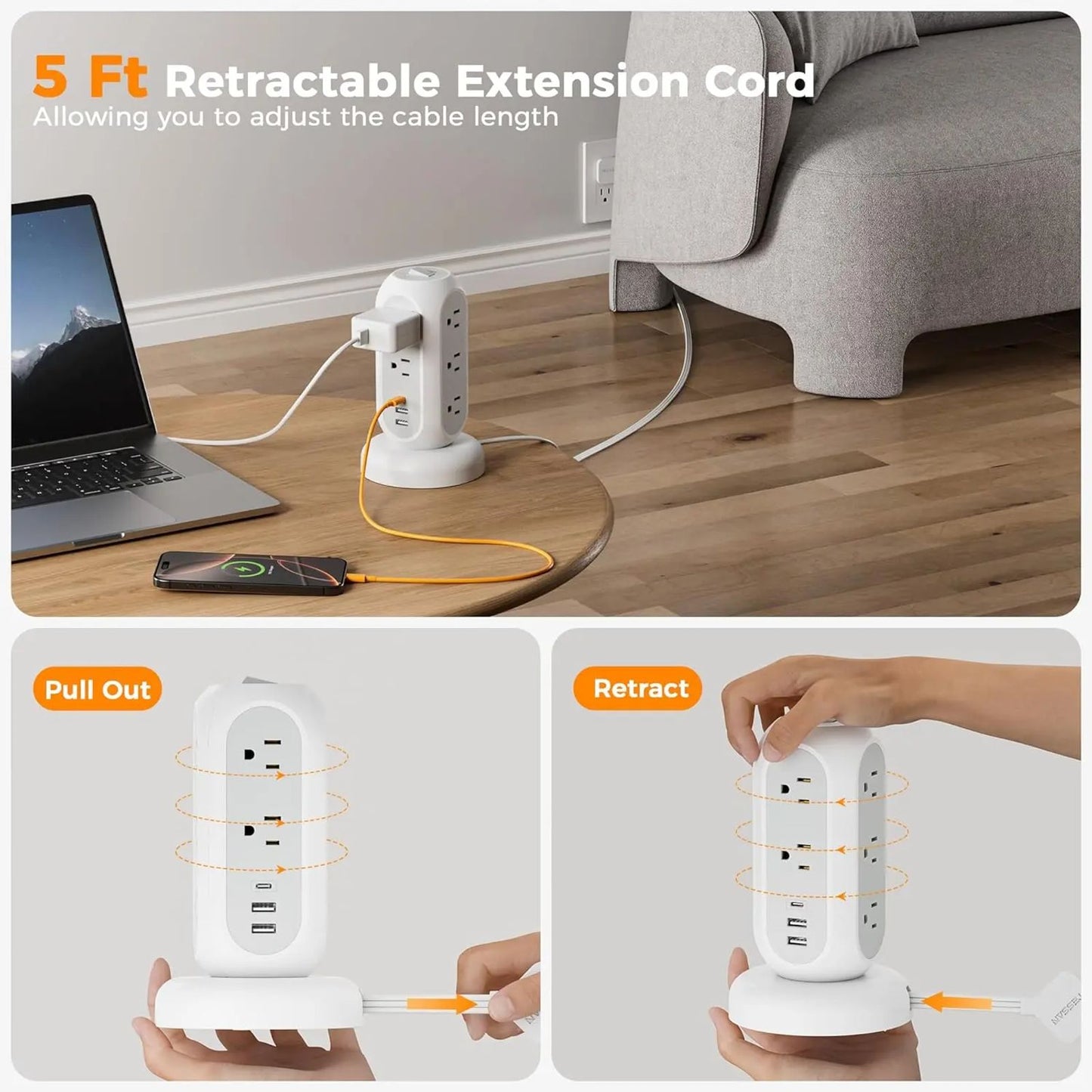 SummerGarden Tessan retractable extension cord power strip,1625W Surge Protector , Cord Management,Home, Office ,Dorm,Kitchen Essentials,11 Outlets & 3 USB Ports image 3