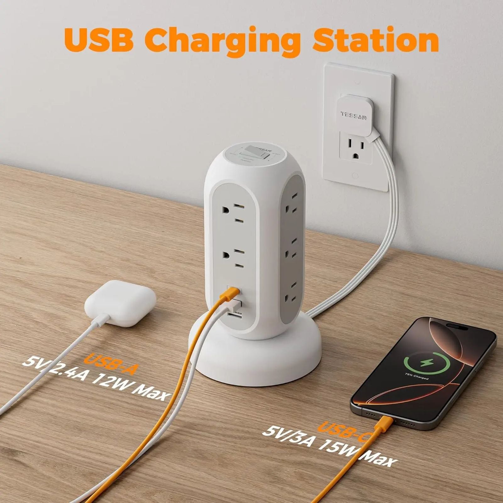SummerGarden Tessan retractable extension cord power strip,1625W Surge Protector , Cord Management,Home, Office ,Dorm,Kitchen Essentials,11 Outlets & 3 USB Ports image 8