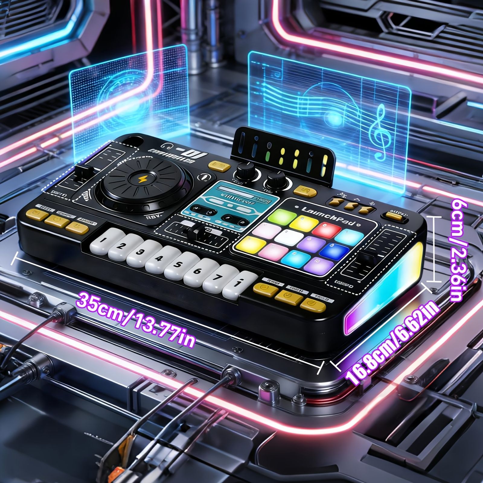 儿童多功能dj混音控制器套装玩具，带led灯 音效 麦克风 钢琴dj板键乐器，适合儿童的互动音乐玩具/100 多种音效 image 2