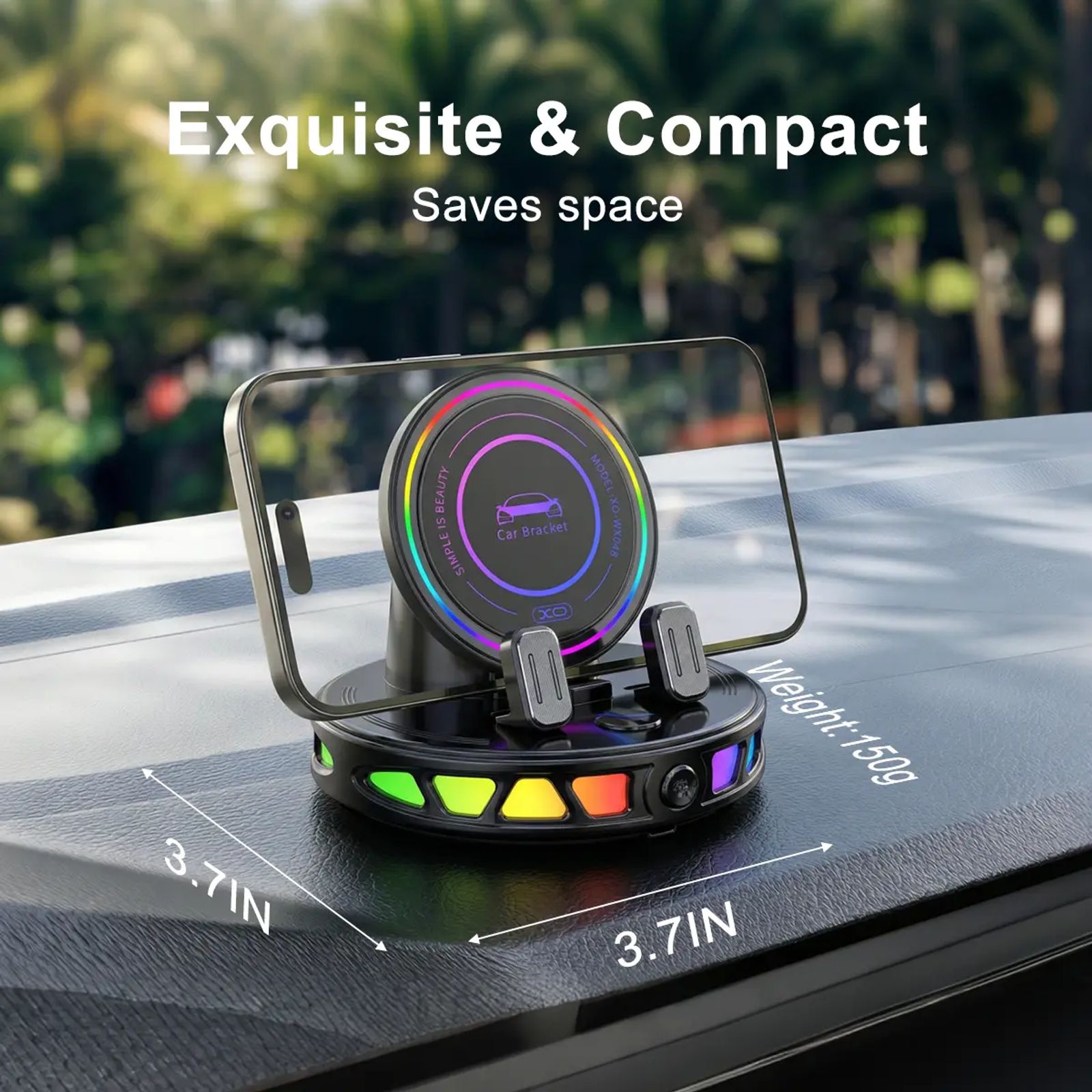 【DealsForYouDays】360° Rotating Wireless Charging Car Phone Mount with RGB Ambient Light – Ultra-Stable Vacuum Suction & Auto-Lock Gravity Holder for Dashboard & Windshield, Fits iPhone & Android