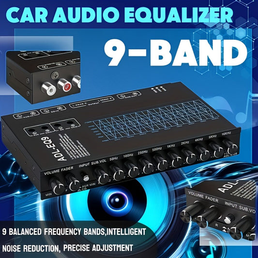 9段汽车音响均衡器，可调式汽车立体声处理器，cd/aux输入选择开关，低音炮输出，车载音响配件用于车辆音响升级，汽车爱好