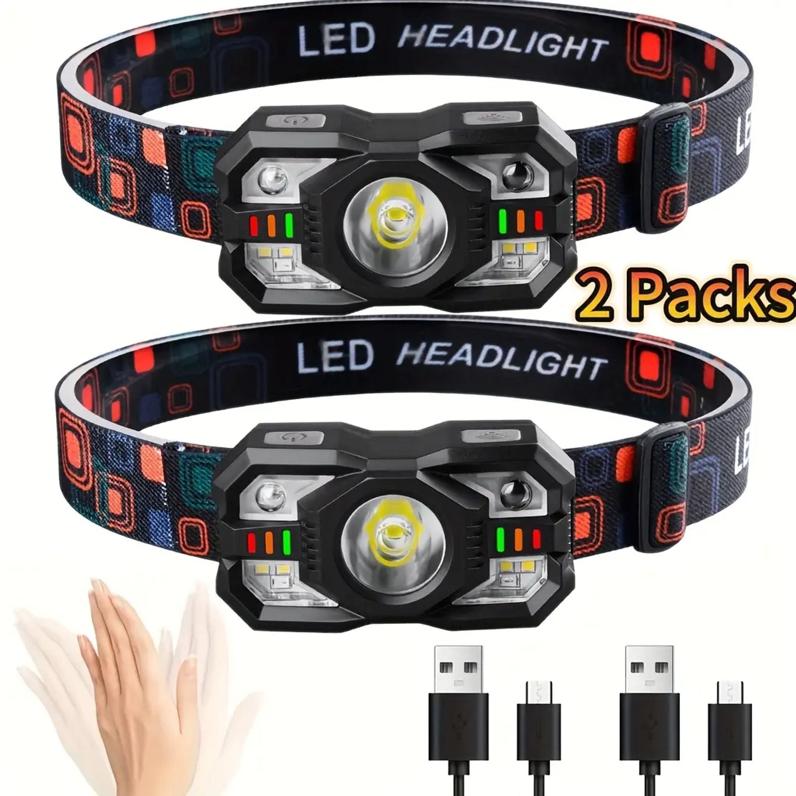 Wave Control Sensor LED Headlamp - 8-Mode, 1200 Lumens, 300m Longbeam, Clip-On Design, Cordless Battery-Free Hands-Free Portable Headlamp for Home Improvement Projects, Cordless Portable Headlamps