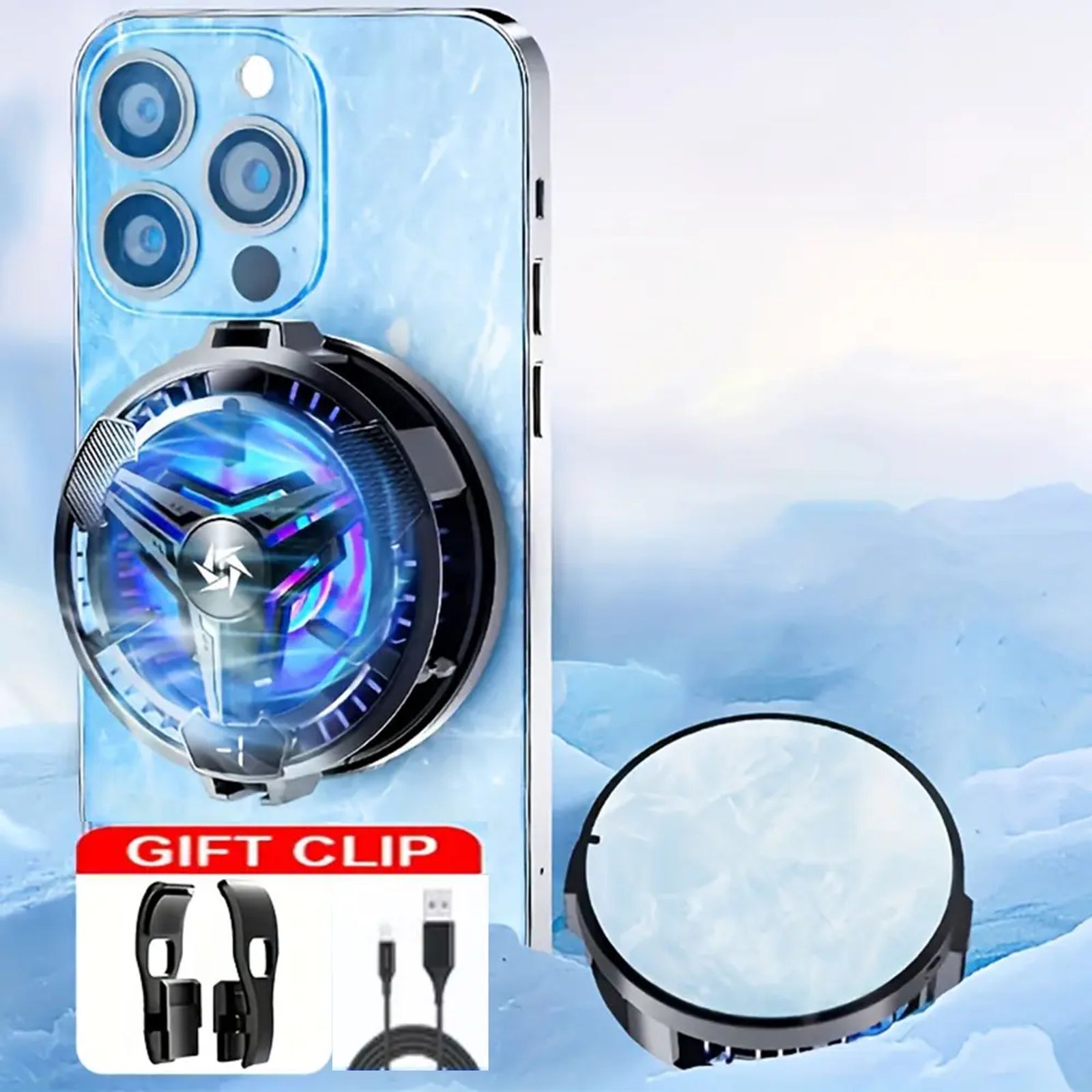 Magnetic Phone Cooler, Universal Cellphone Radiator with Removable Grip, Temperature Display, Portable RGB Cooling Cell Phone Fan Compatible with iPhone/Android/Tablet/iPad