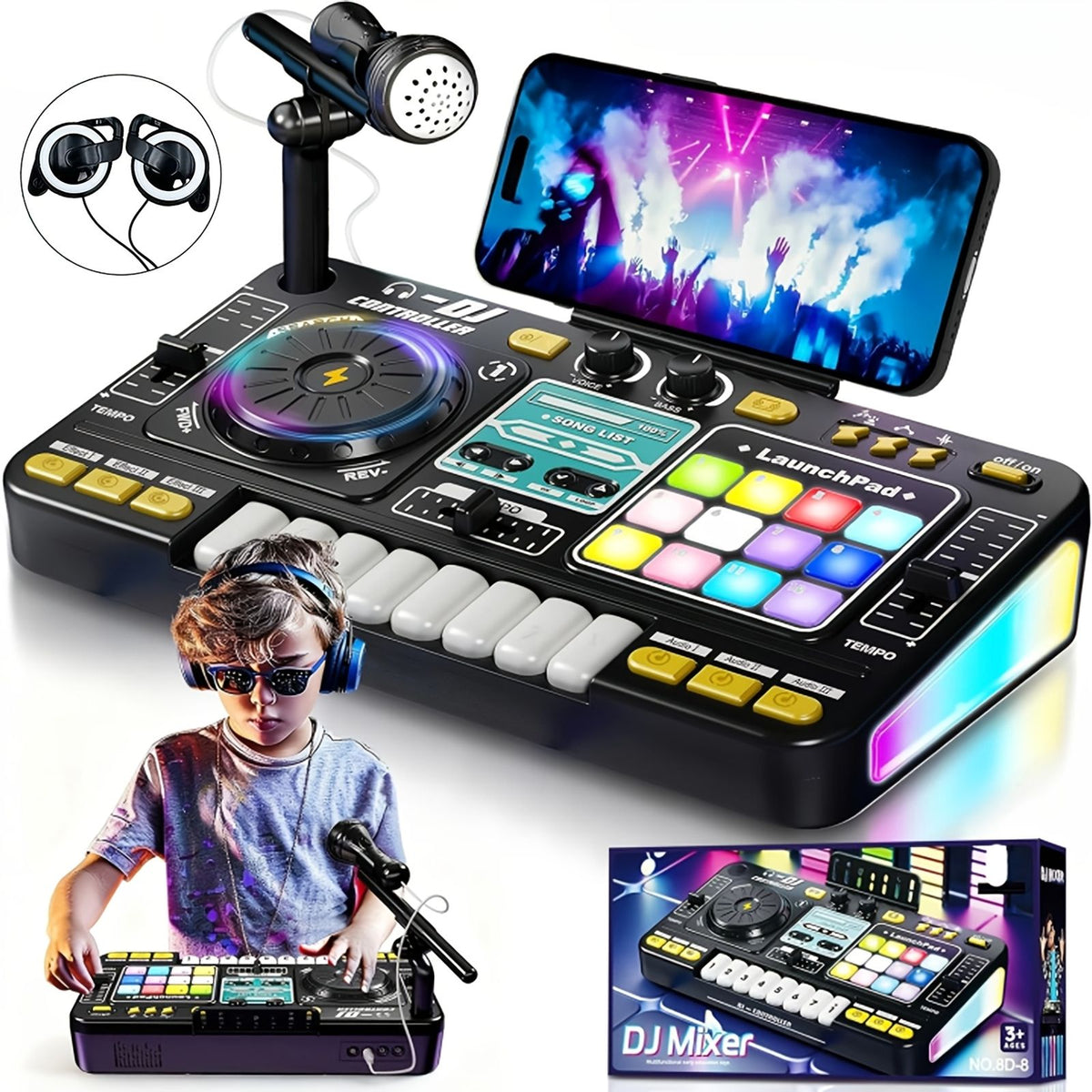 儿童多功能dj混音控制器套装玩具，带led灯 音效 麦克风 钢琴dj板键乐器，适合儿童的互动音乐玩具/100 多种音效