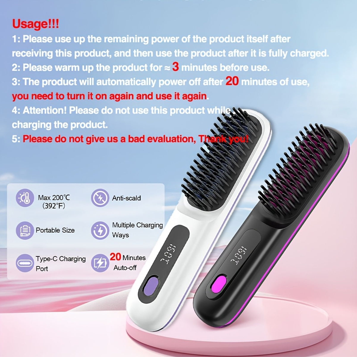 cordless hair straightener brush rapid heating hot comb hair image 2