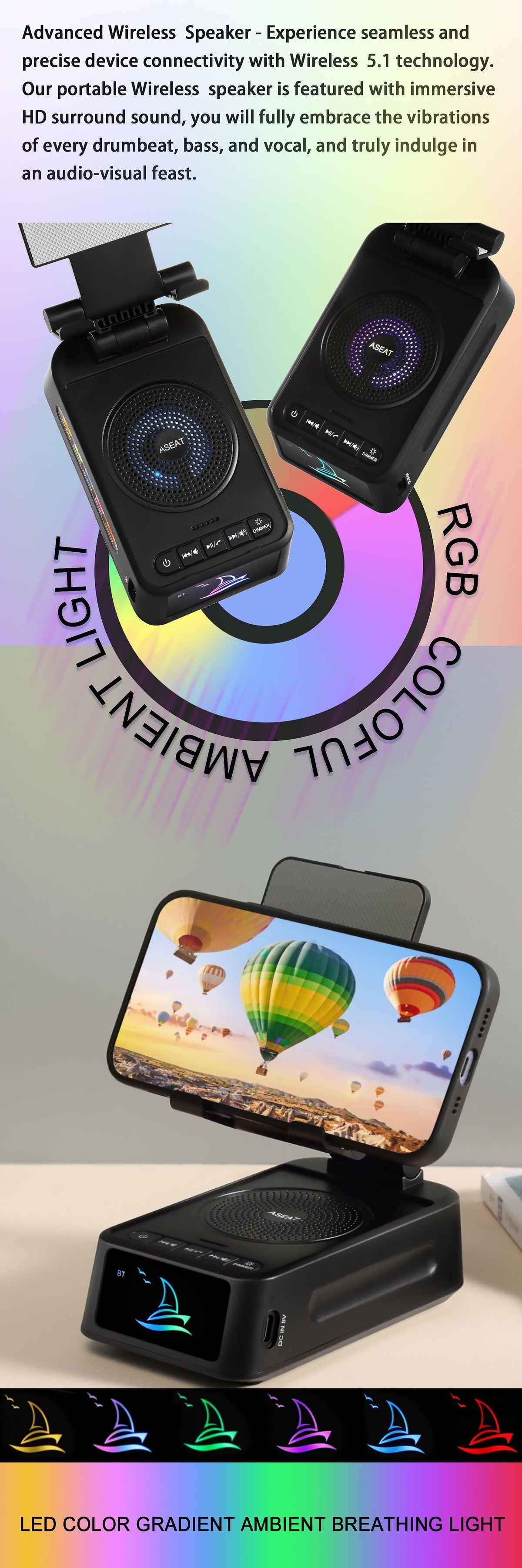 3 in 1 mobile phone stand led color ambient light wireless image 3