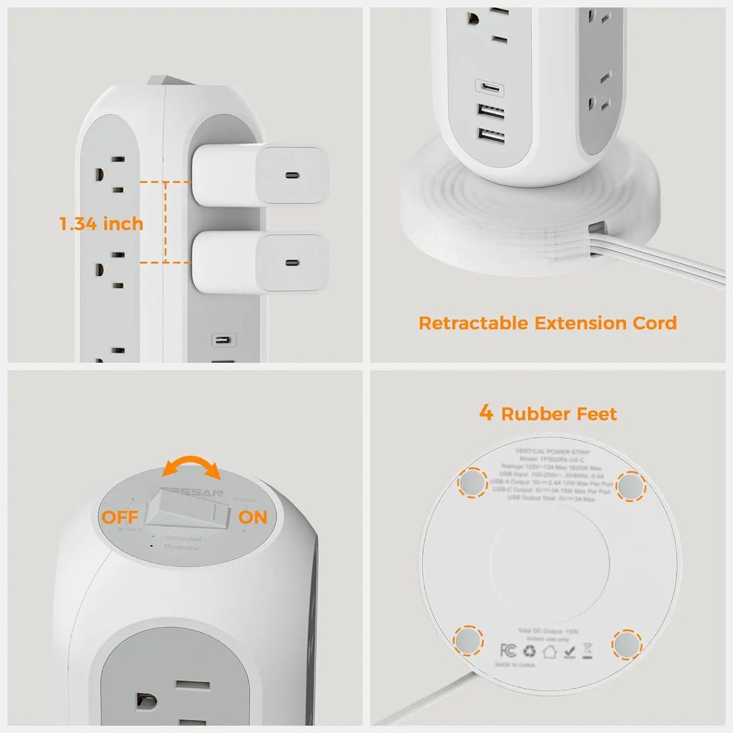 SummerGarden Tessan retractable extension cord power strip,1625W Surge Protector , Cord Management,Home, Office ,Dorm,Kitchen Essentials,11 Outlets & 3 USB Ports image 7