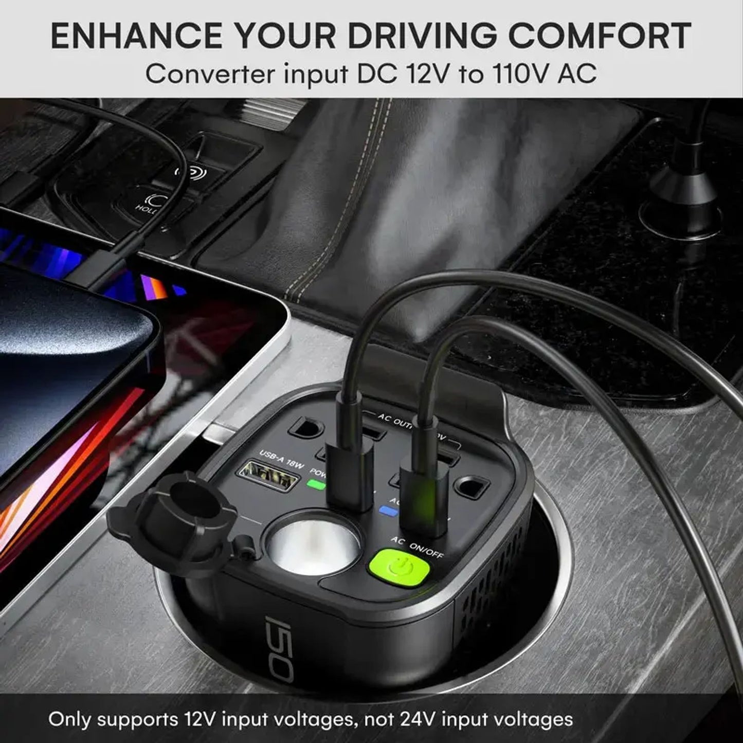 YWZ 150W Car Power Inverter, 12V DC to 110V AC Car Plug Adapter with 2 AC Outlets, 18W USB-A, Dual 30W Fast-Charge PD Car Charger, Cup Holder Power Inverter - Perfect for Laptops, Phones ,iPhone 16 15 14& More On the Go image 3
