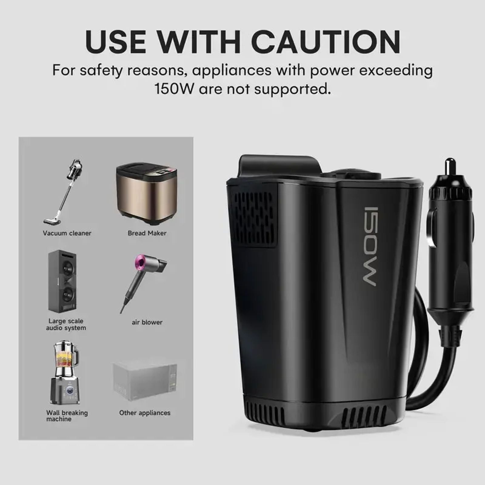 YWZ 150W Car Power Inverter, 12V DC to 110V AC Car Plug Adapter with 2 AC Outlets, 18W USB-A, Dual 30W Fast-Charge PD Car Charger, Cup Holder Power Inverter - Perfect for Laptops, Phones ,iPhone 16 15 14& More On the Go image 7