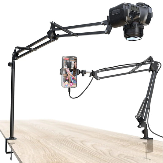 Overhead Tripod Mount for Camera, Webcam and Ring Light, Flexible Phone Holder with Ball Head, Phone Clip and Bracket Base, Table Stand for Phone Video Recording, Live Streaming and Selfie Fill Light, Stabilizer Vlogger, Live Streaming Equipment
