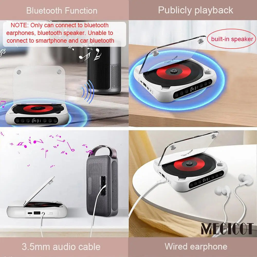 Portable Bluetooth-Compatible CD Player, Multifunction Rechargeable CD Player with LED Display, Portable Speaker CD Music Player for Home and Outdoor Use