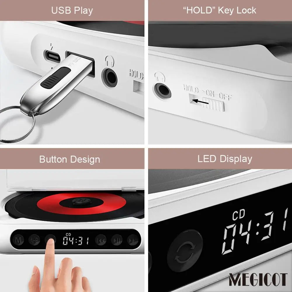 Portable Bluetooth-Compatible CD Player, Multifunction Rechargeable CD Player with LED Display, Portable Speaker CD Music Player for Home and Outdoor Use