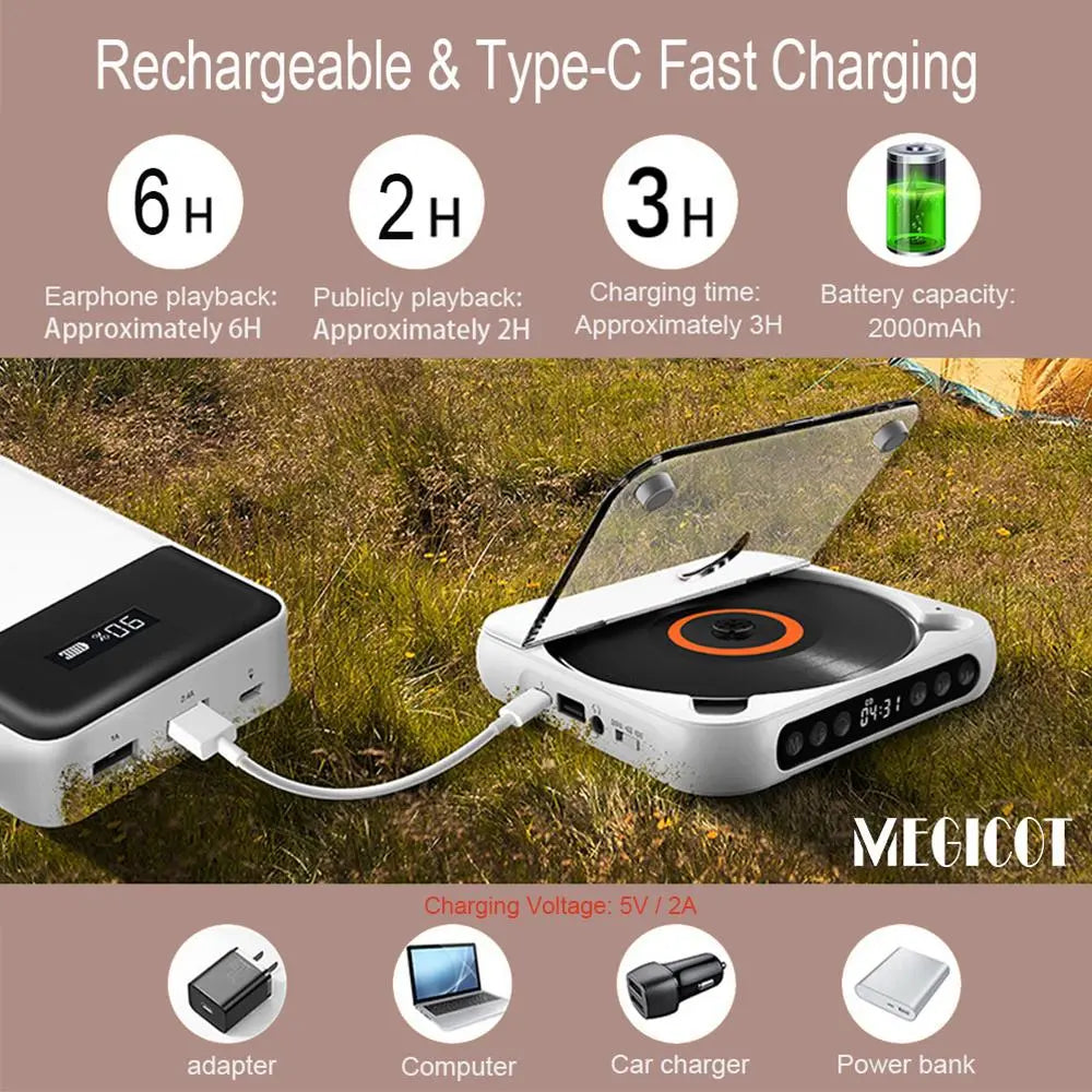 Portable Bluetooth-Compatible CD Player, Multifunction Rechargeable CD Player with LED Display, Portable Speaker CD Music Player for Home and Outdoor Use