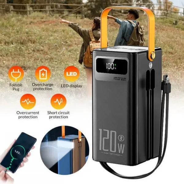 120W Power Bank, 50000mAh Compact Portable USB Fast Charging with Multiple Charging Ports & Built-in Cables and LED Ligh for Travel Camping Outdoor